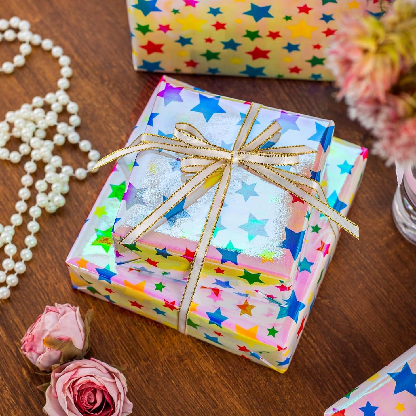 Burymento Holographic Pink Star Gift Wrapping Paper for Birthday, Valentines, Mothers day, Graduation, Wedding, Fathers day, Baby Shower, Christmas (17in x 32.8ft)