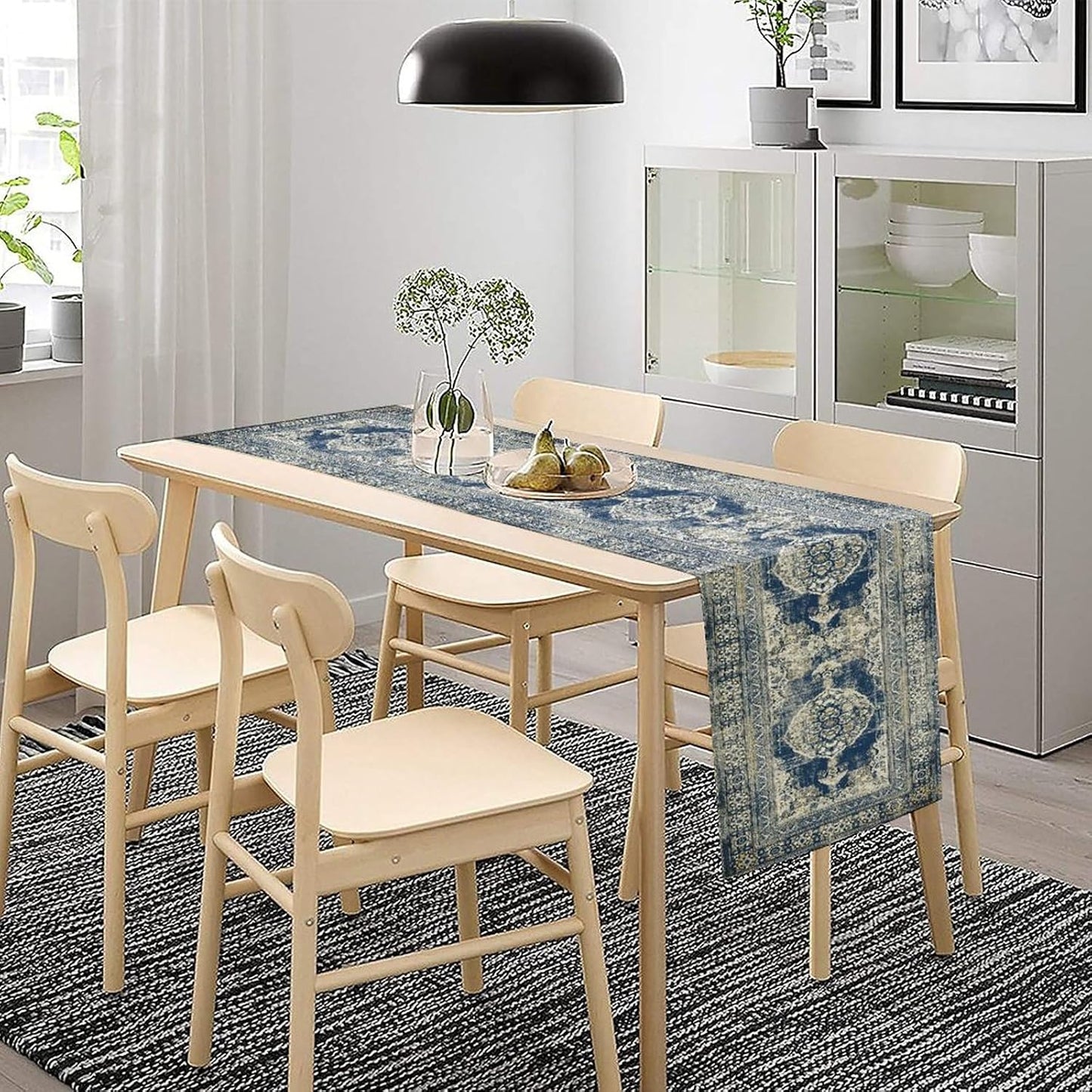 Vintage Boho Floral Table Runner, Rustic Country Farmhouse Blue Teal Retro Flower Pattern for Home Kitchen Table Decor Dining Coffee Room Party Decor 13x36in