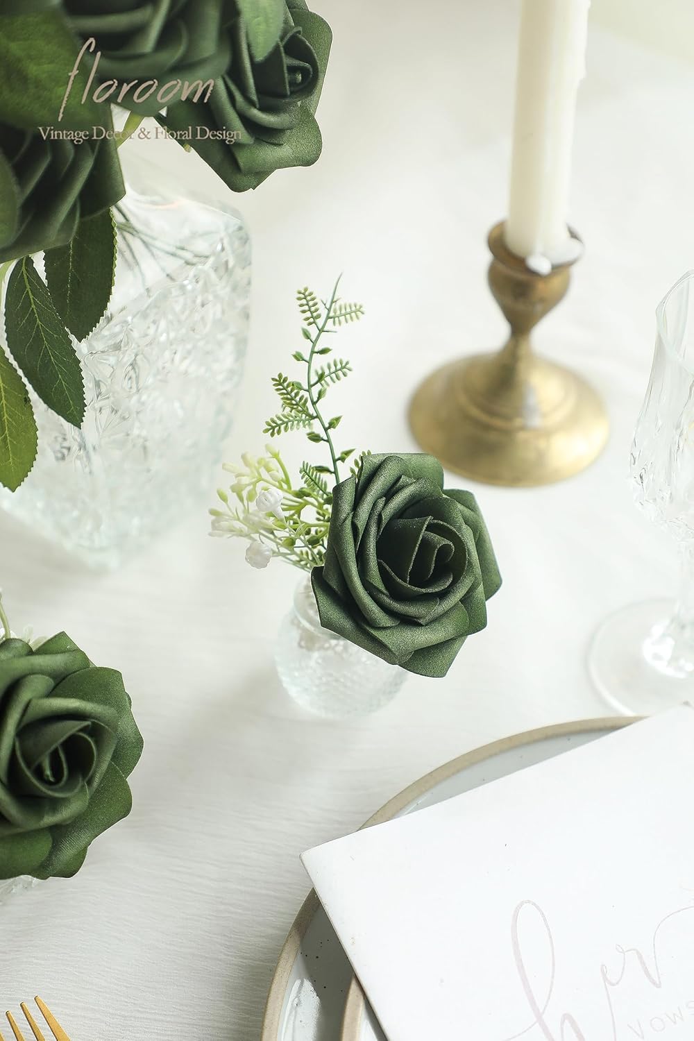 Floroom Artificial Flowers 25pcs Real Looking Emerald Green Foam Fake Roses with Stems for DIY Wedding Bouquets Bridal Shower Centerpieces Floral Arrangements Party Tables Home Decorations