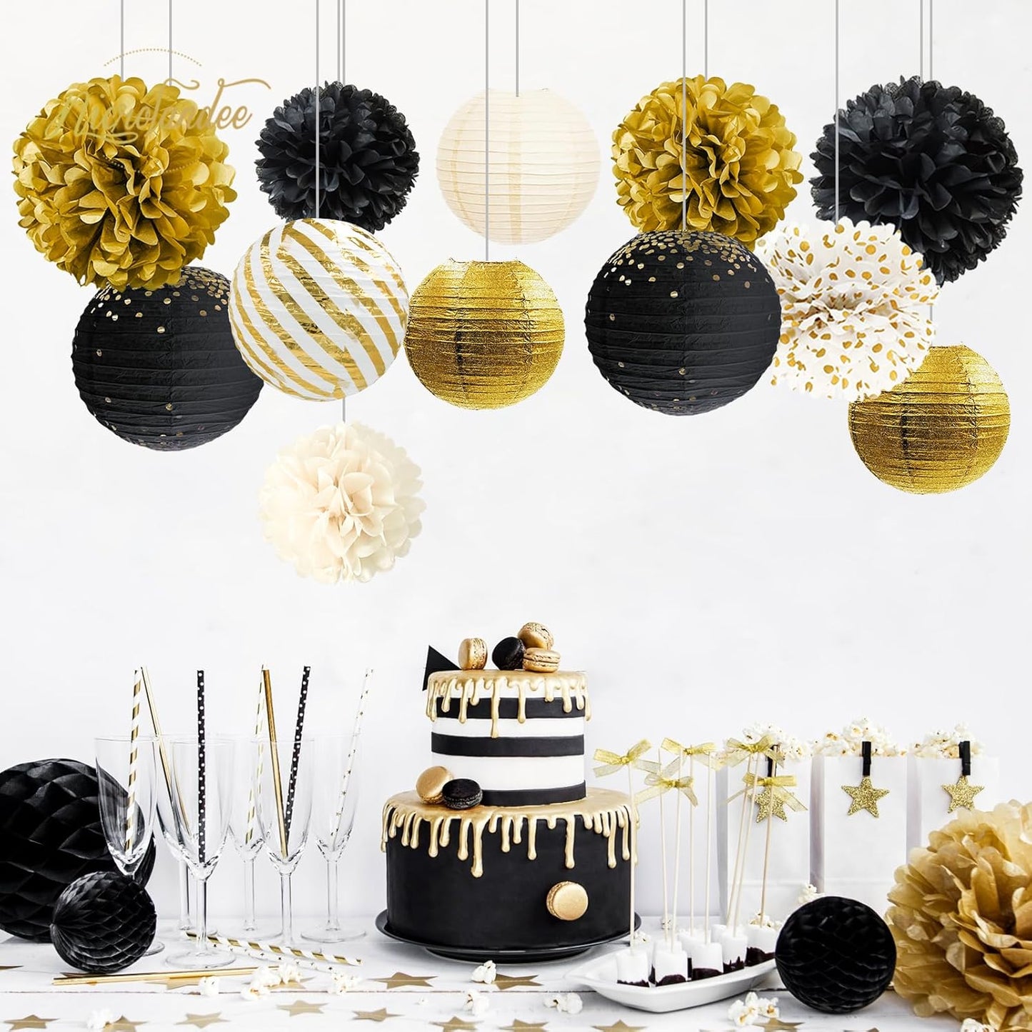 NICROLANDEE Black Gold Party Decorations,12PCS Paper Lantern Tissue Pom Poms Black and Gold Hanging Backdrop Decor for 2025 Graduation New Year Birthday Christmas Party Supplies