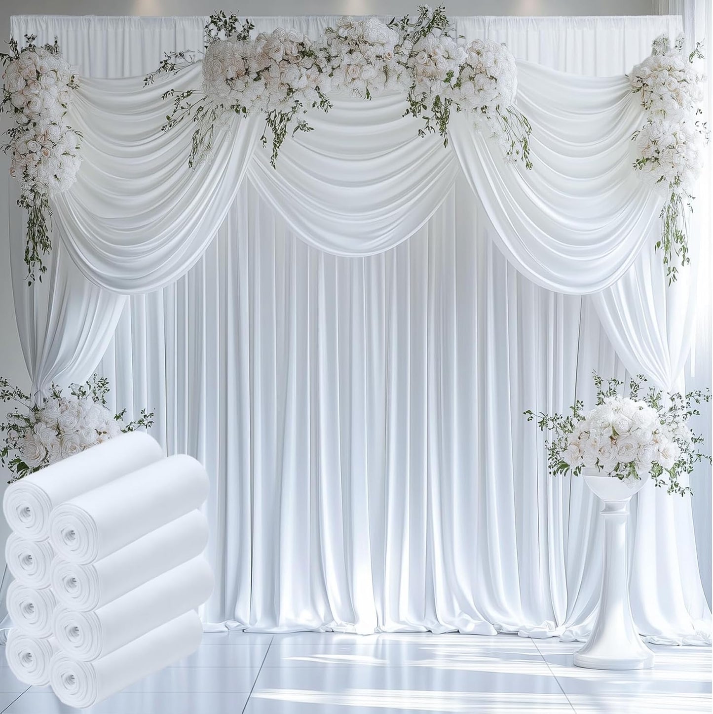 10ftx12ft Wrinkle Free White Backdrop Curtain, 8 Panels 12FT Height White Wedding Backdrop Drapes, Silky Polyester Back Drop Cloth for Birthday Photography Background Party Backdrop Draping