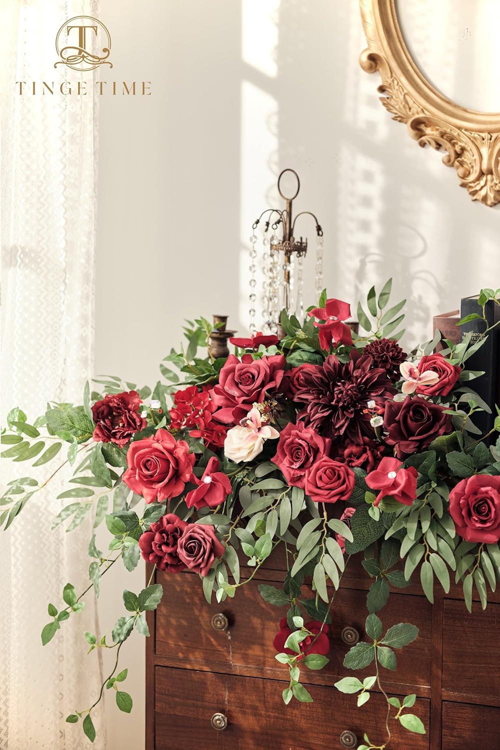 TINGE TIME Artificial Sweetheart Flower Swag with Tablecloth and Table Runner, Pack of 3 Floral Arrangement for Wedding Sweetheart Table Centerpiece Decoration (Burgundy Red)