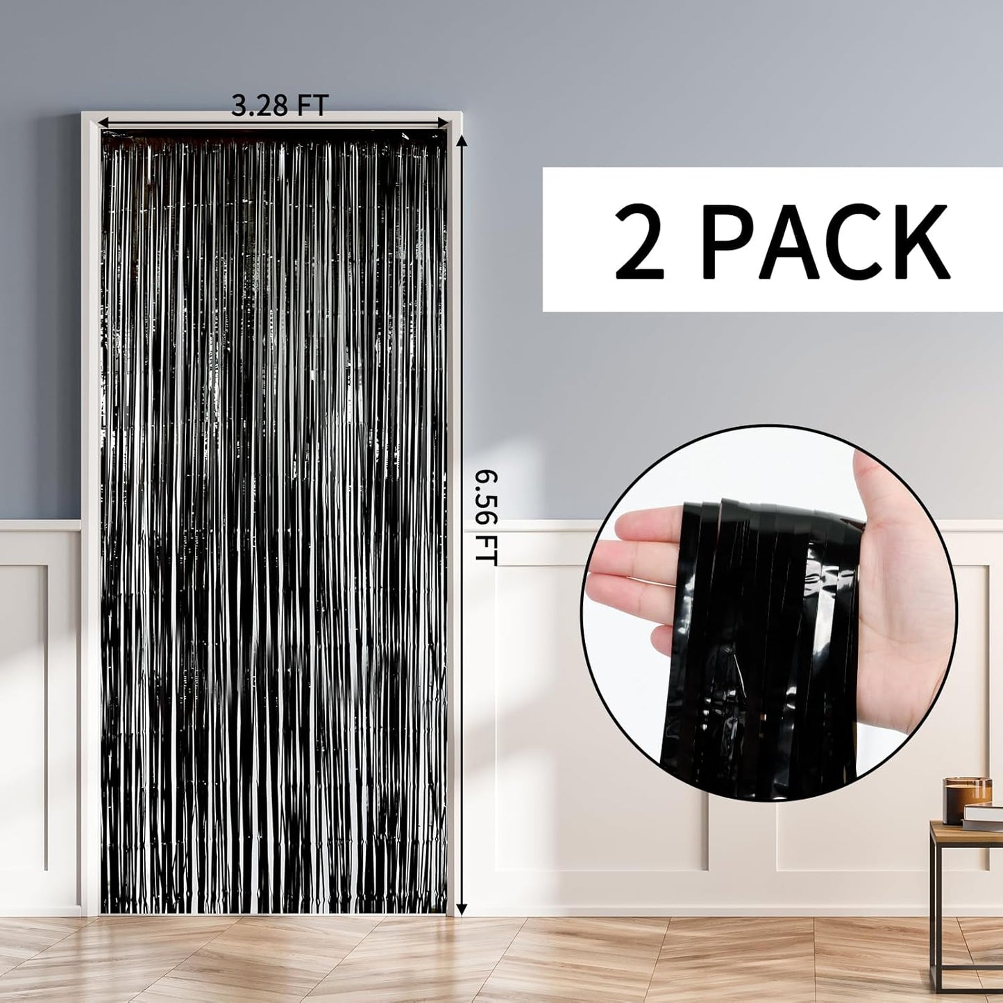 RUBFAC 2 Pack Black Backdrop Party Decorations Tinsel Foil Fringe Curtains Photo Booth Streamer for Halloween Party Decorations New Year Bachelorette Wedding Engagement Birthday Holiday Party Supplies