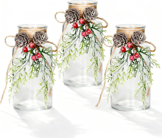 Set of 3 Xmas Decor Vases Christmas Centerpieces for Tables Farmhouse Holiday Table Decor Clear Glass Vases with Twine Ties for Christmas Decorations