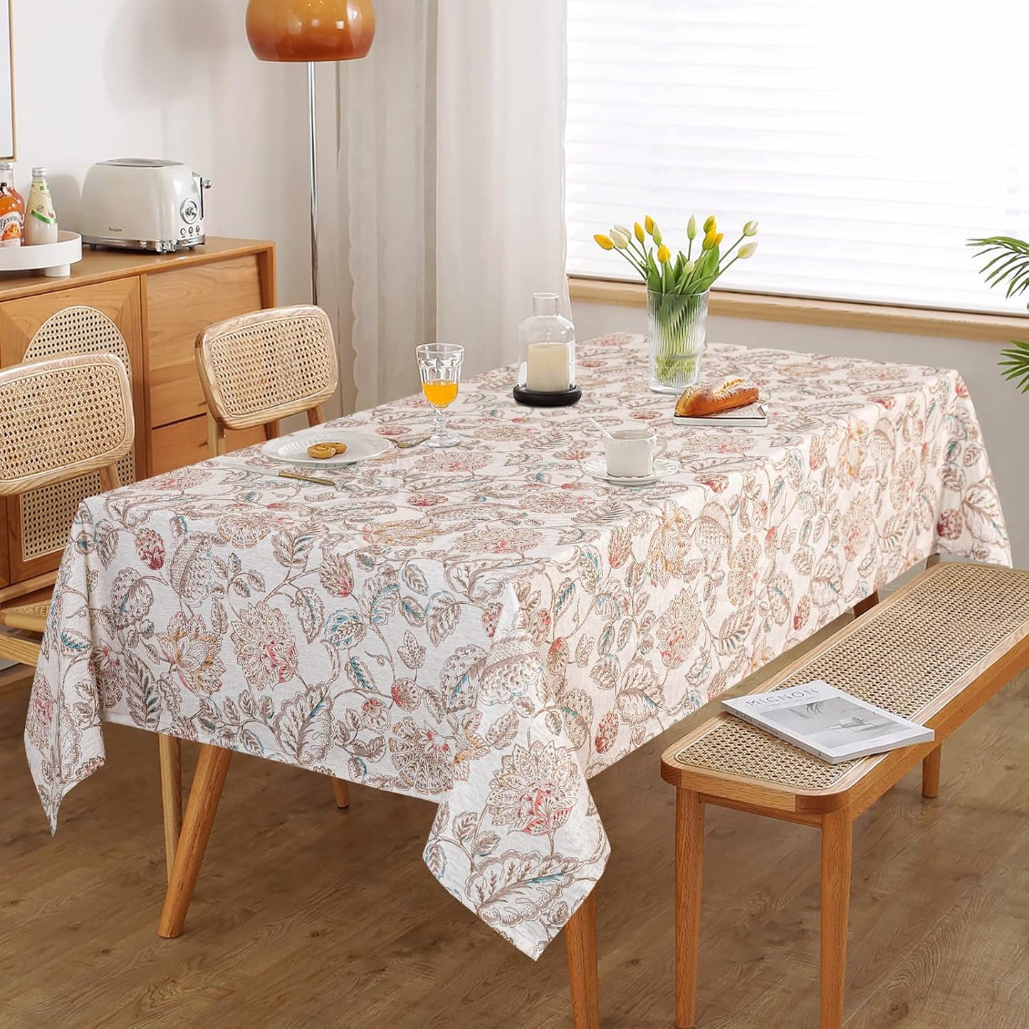 MYSKY HOME 60x120 Rectangle Tablecloth Linen Farmhouse Tablecloth Waterproof Decorative Fabric Table Cloth for Indoor&Outdoor, Floral Brown Tablecloth for 4 Feet Table, Washable