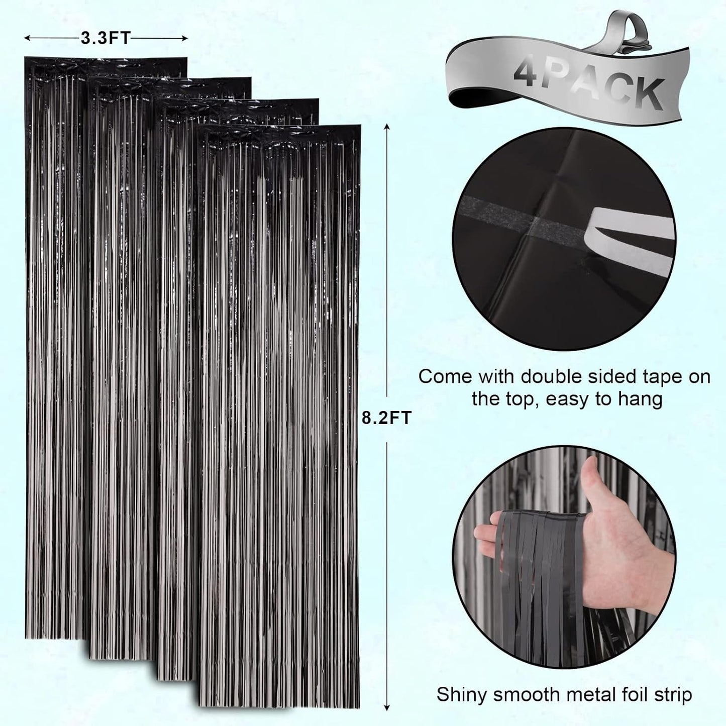 4 Pack Black Foil Fringe Backdrop Curtains, Tinsel Streamers Birthday Party Decorations, Fringe Backdrop for Graduation, Baby Shower, Gender Reveal, Disco Party