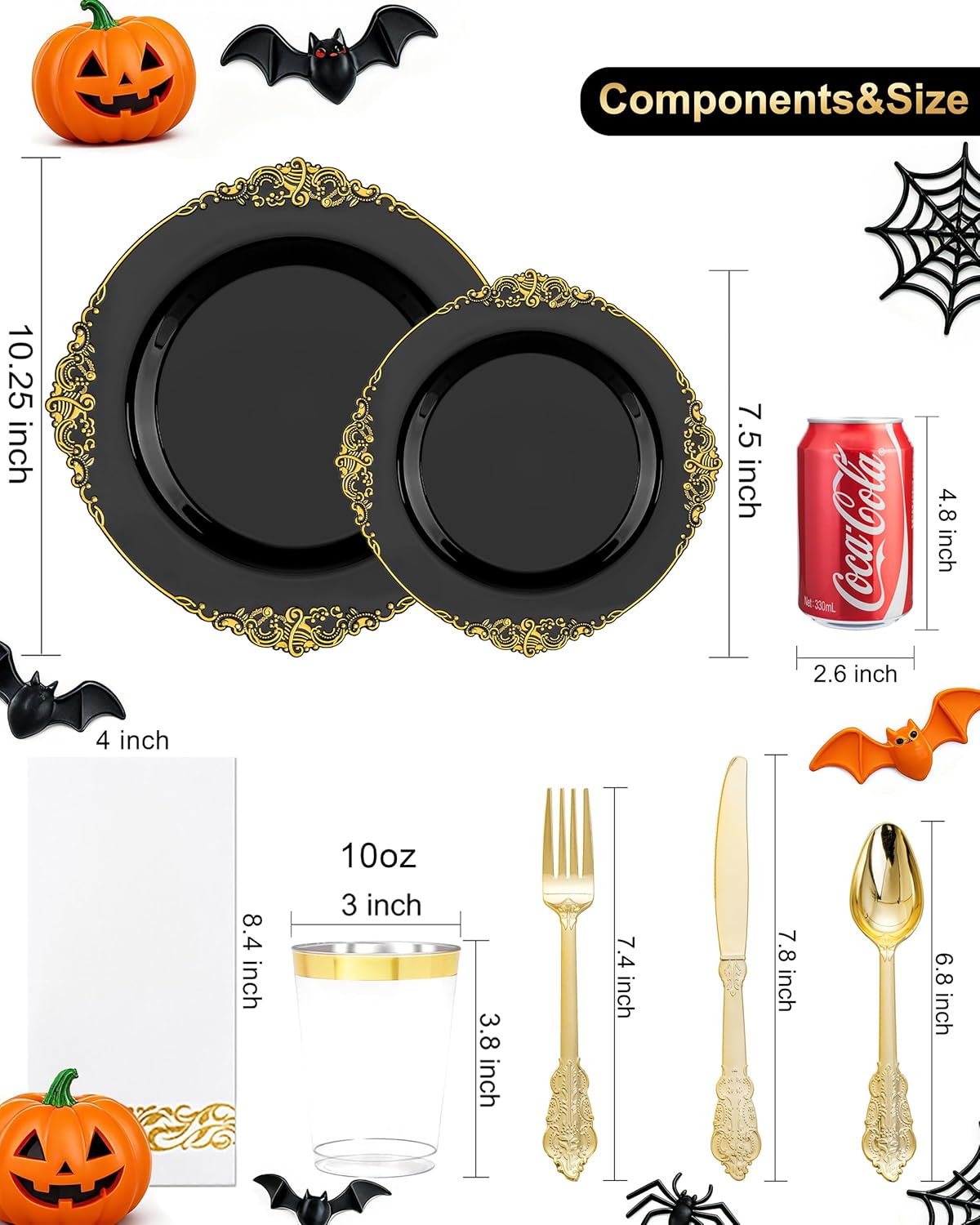 Nervure 350PCS Black Plastic Plates - Black Plastic Dinnerware Sets for 50 Guests - 100 Disposable Plates, 150 Gold Silverware, 50 Cups, 50 Napkins for Wedding & Party & Halloween