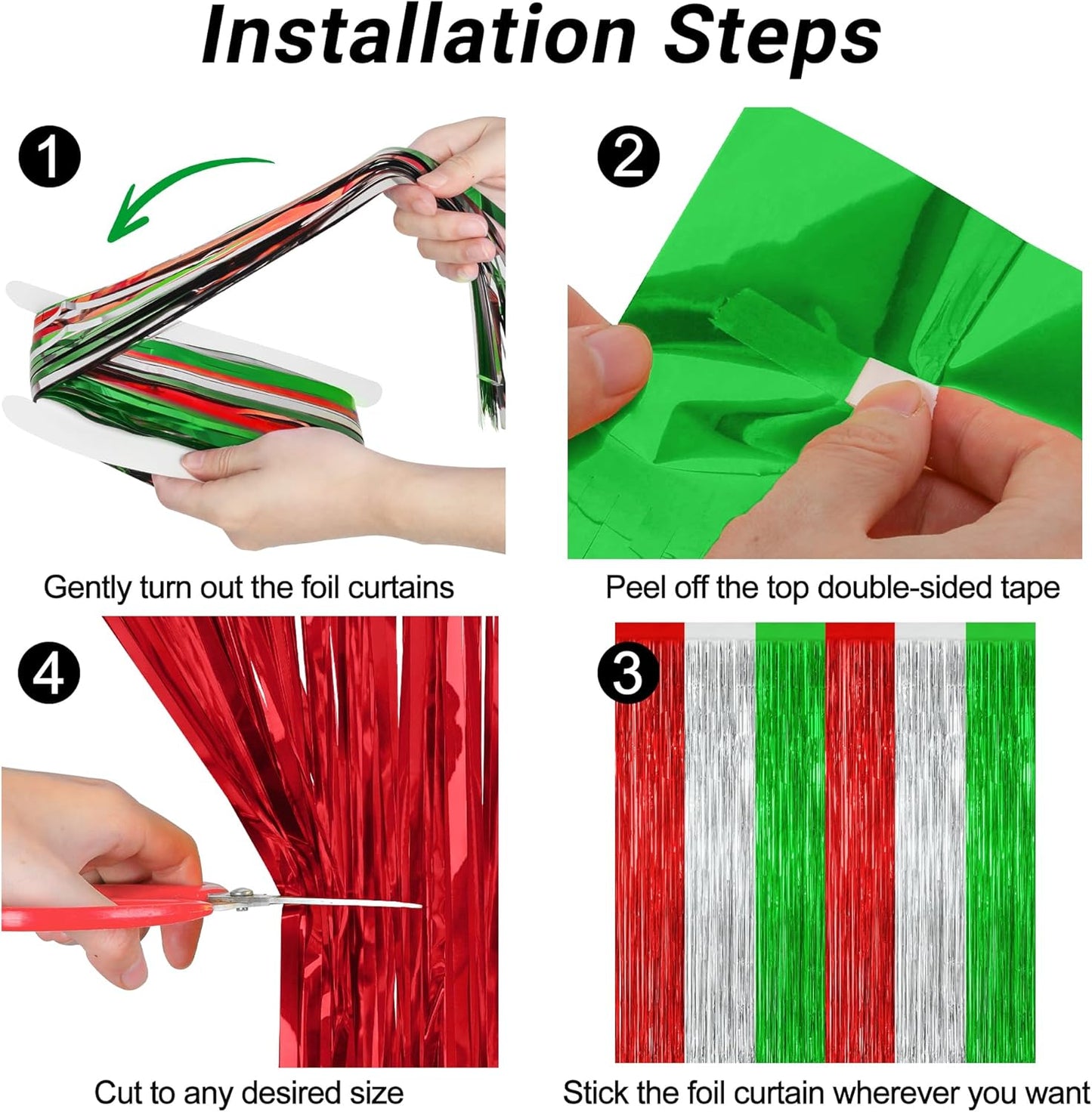 12 Pack Christmas Party Backdrop, 3.28 FT x 7.05 FT Red Silver Green Foil Streamer, Metallic Fringe Curtains Tinsel Streamer, Hanging Christmas Decorations Picture Props Door Decor