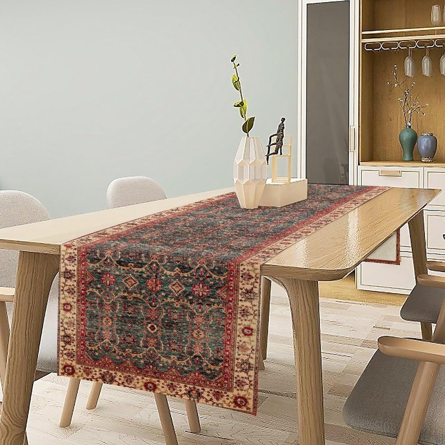 Vintage Boho Floral Table Runner, Rustic Country Farmhouse Red Teal Retro Flower Pattern for Home Kitchen Table Decor Dining Coffee Room Party Decor 13x90in