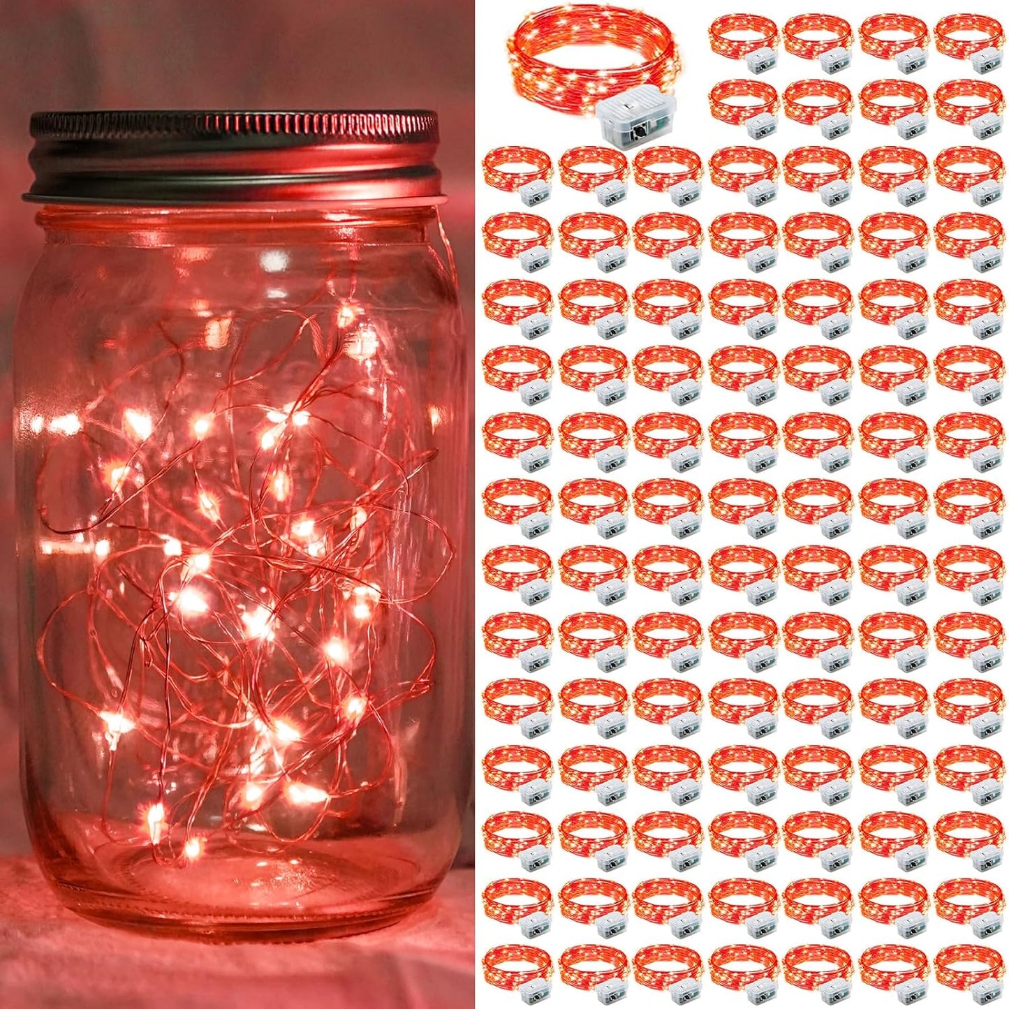 100 Pack Red Fairy Lights 7Ft 20 LED Twinkle String Lights 3 Modes Battery Operated Waterproof Firefly Starry for Mason Jar Party Wedding Christmas Valentines Day Table Centerpieces