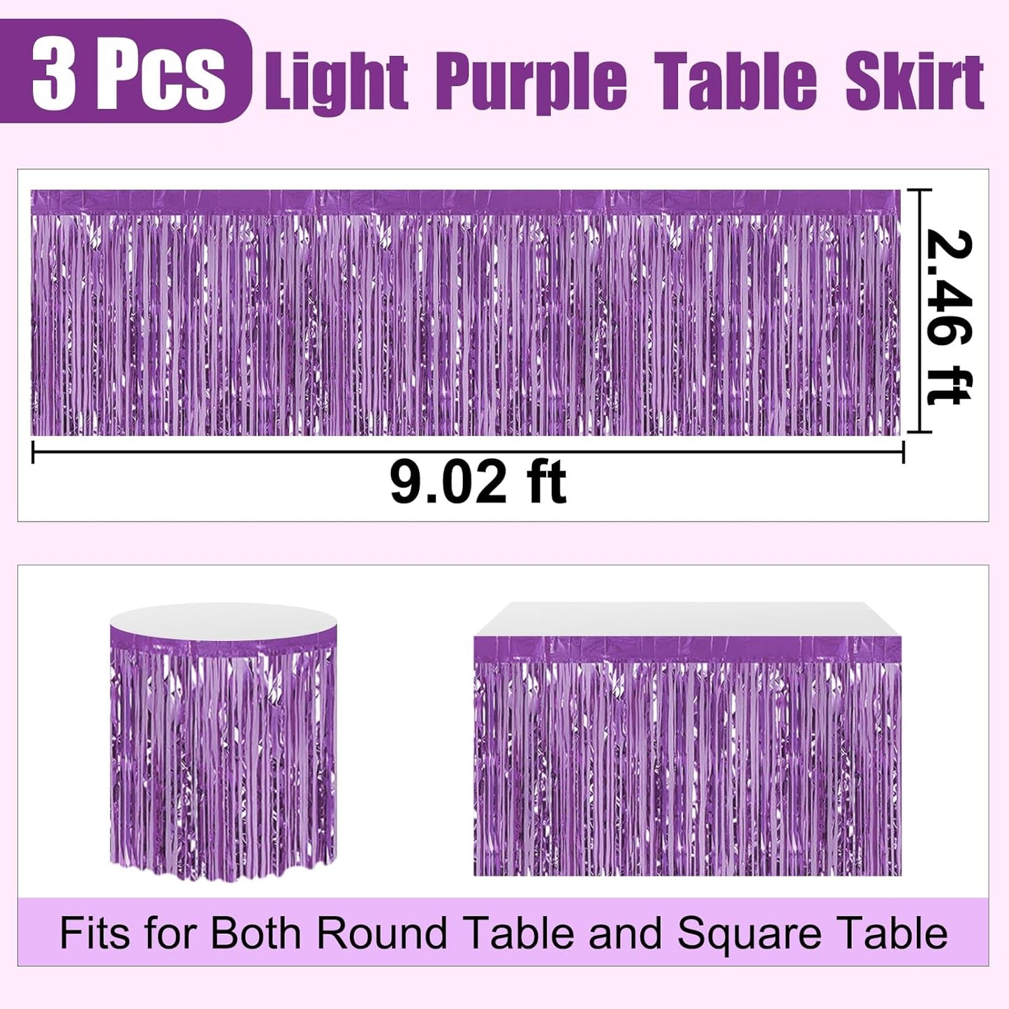 3 Pack 29 x108 Inch Light Purple Foil Fringe Table Skirts Metallic Banner for Tinsel Streamer Garland Backdrop for Parade Floats Wedding Thanksgiving Birthday Christmas New Year Party Decoration