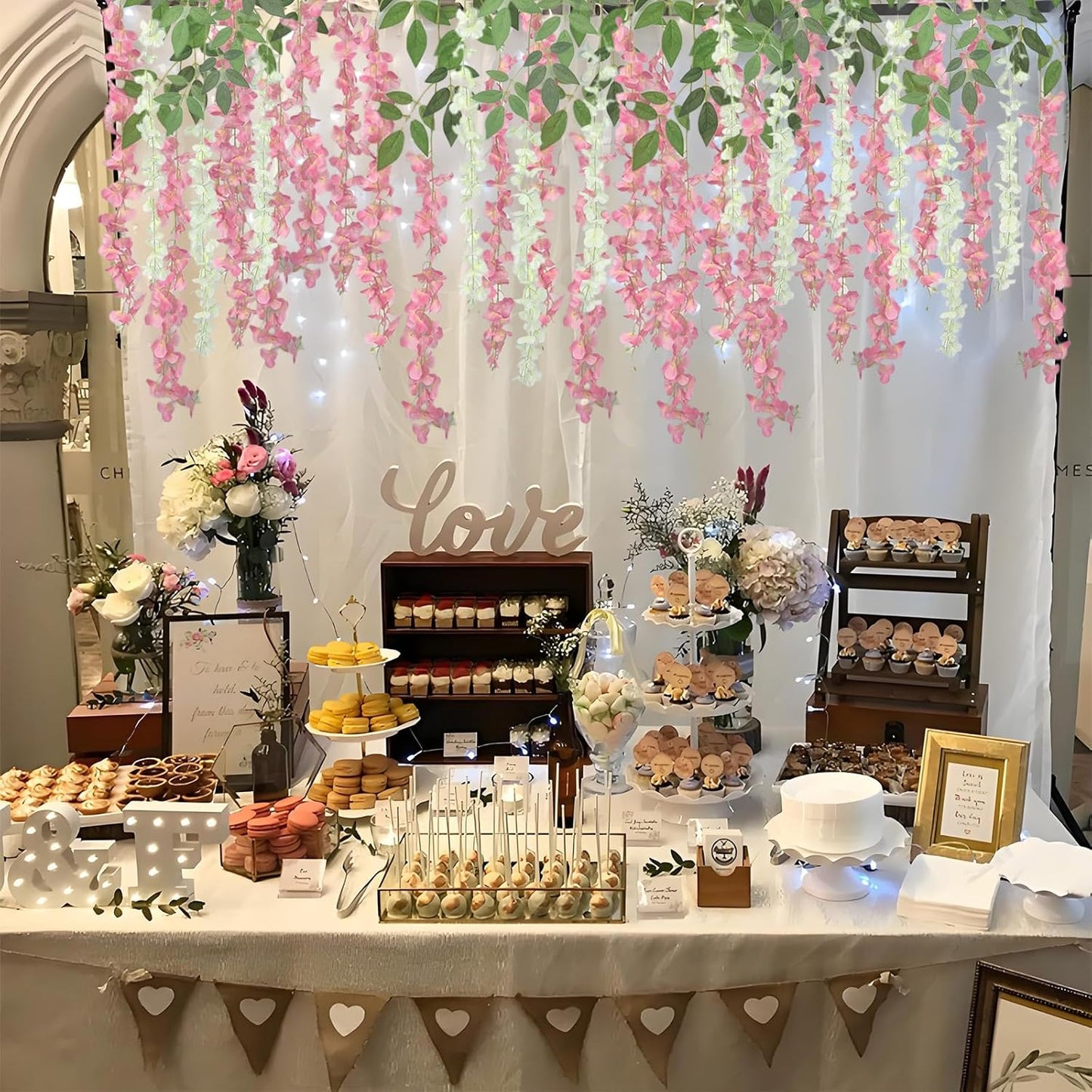 48 Pcs of Wisteria Hanging Flowers, 3.75 Feet Fake Wisteria Flower Strings, Artificial Wisteria Flowers Hanging Garland for Backdrop, Wedding, Ceremony,Garden and Home Wall Decoration (Pink)