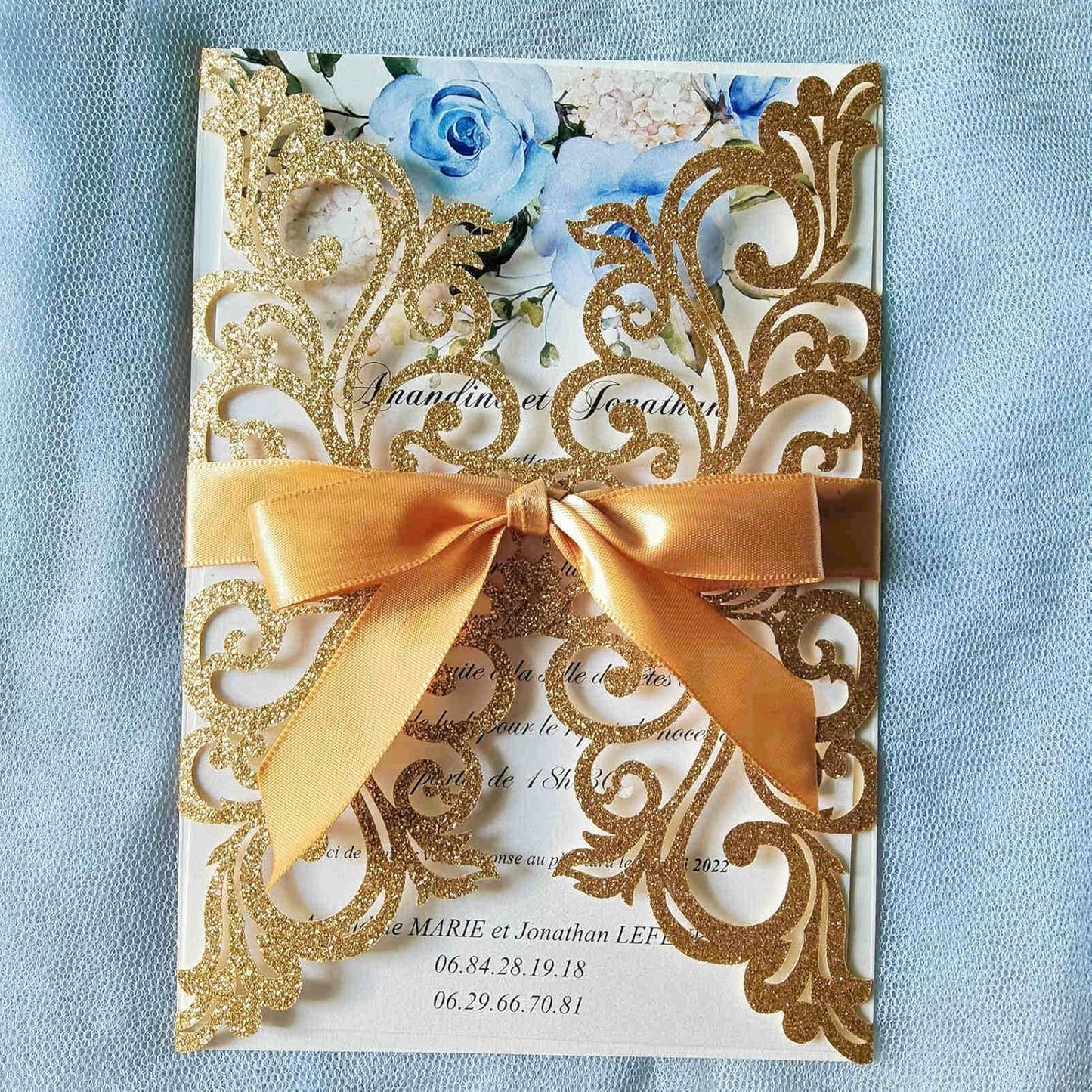 25PCS Gold Glitter Laser Cut Wedding Invitations Cards with Envelopes,Blank Inner Sheets,Ribbons for Wedding Bridal Shower Quinceañera Engagement Birthday Invites