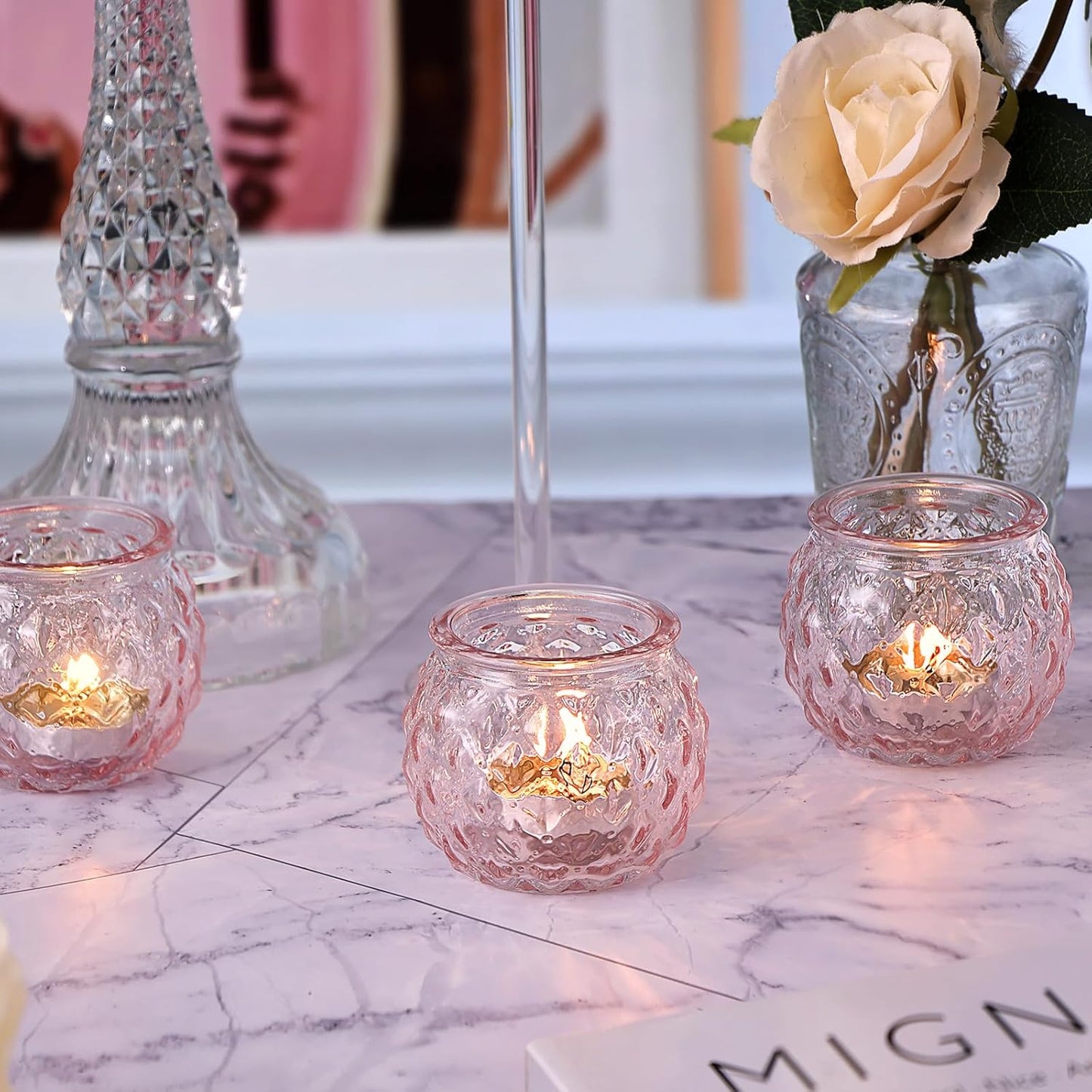 DARJEN 48Pcs Pink Votive Candle Holders- Round Candle Holders Bulk for Flameless LED Tea Waxes, Romantic Candle Holder for Wedding & Home Table Decor, Various Parties