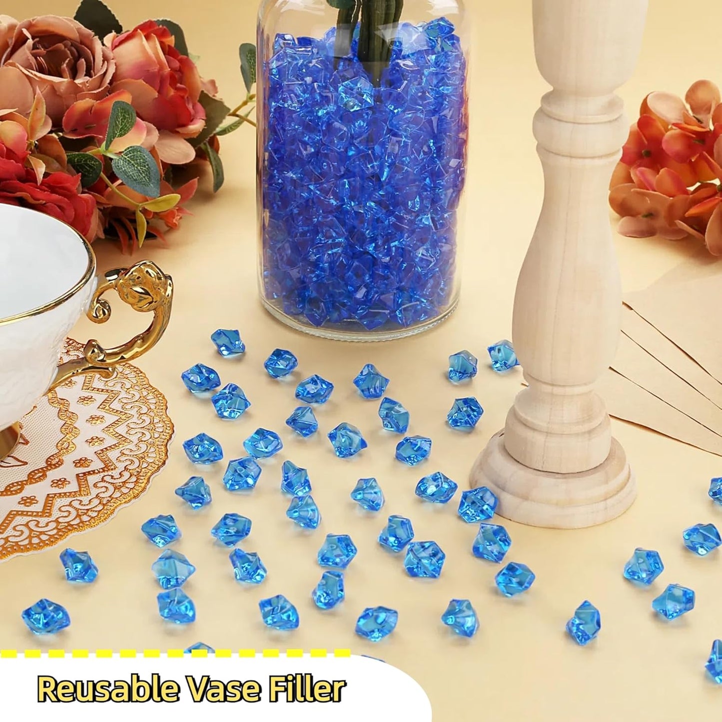 YATOJUZI 500pcs Fake Ice Cubes Blue Acrylic Crushed Rocks Vase Fillers Plastic Diamonds Gems for DIY Party Wedding Centerpiece Table Scatter Prop Display 0.5" (Only Blue)