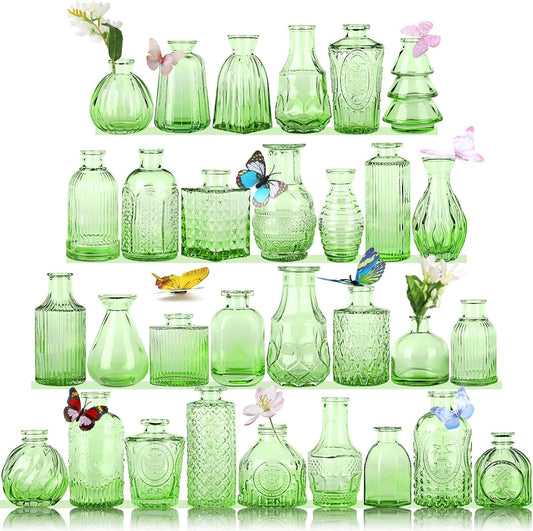 Charm Glass Bud Vases, Small Flower Vases in Bulk for Centerpieces, Vintage Mini Vases for Wedding Decor, Home Table Decorations Diffuse Bottles,Ideals (Pack of 30,Light Green)