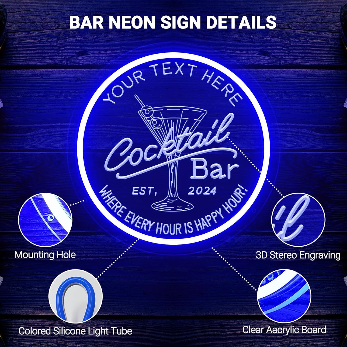 Personalized Cocktail Bar Neon Sign for Home Bar, Custom LED Neon Signs for Man Cave Pub Tavern Bistro Lounge Martini Wall Decor, Customized LED Light Up Signs for Men Dad Husband Gifts