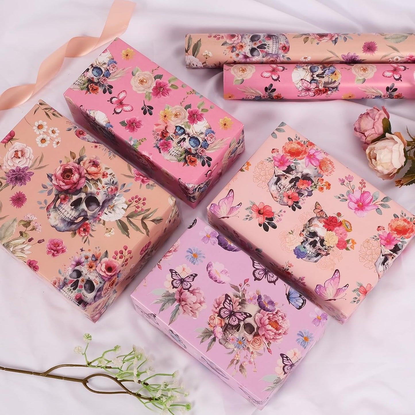 Aimyoo Gothic Wrapping Paper Rolls, 17 Inch X 10 Feet - 4 Rolls - Skull Floral Butterfly Design Gift Wrap Paper for Mother's Day, Birthday Bridal Shower