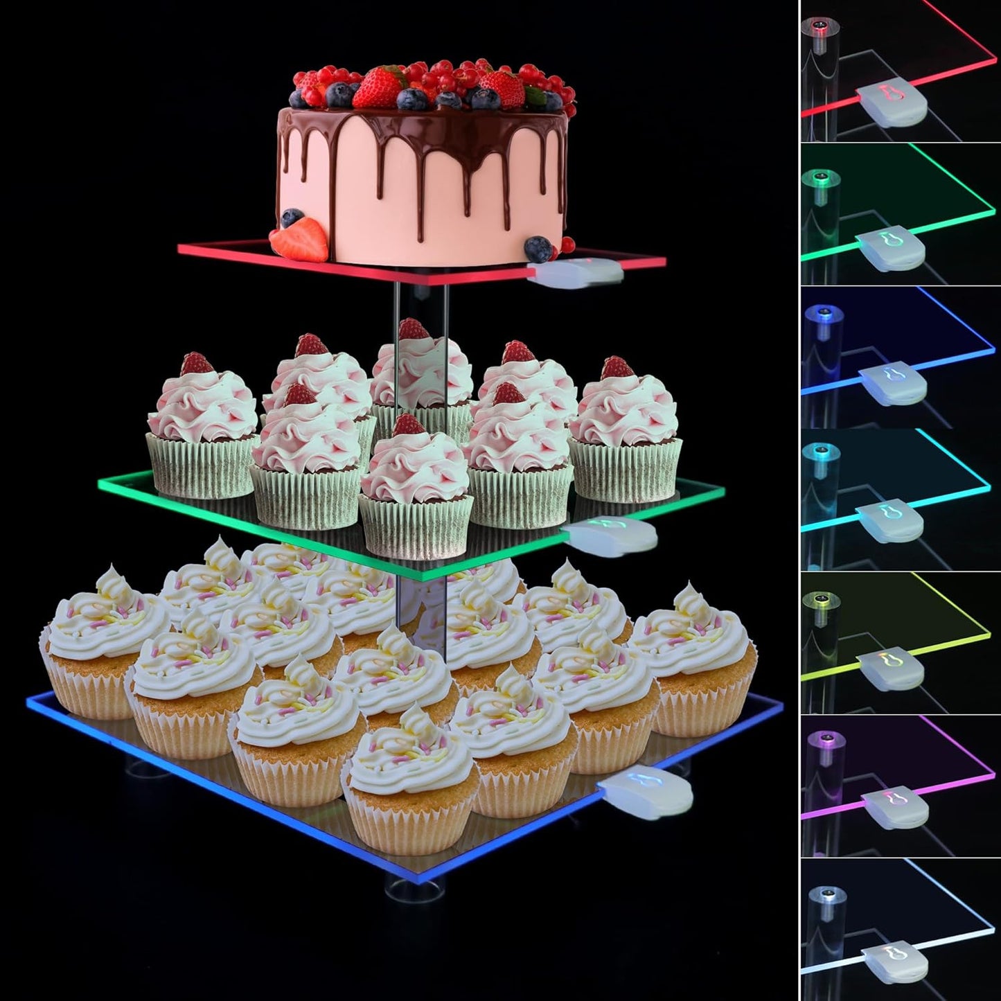 Cupcake Stand for 24 Cupcakes, 3 Tier Cupcake Holder with Rechargeable LED, 7 Colors Light Cupcake Tower, Acrylic Dessert Table Display Set for Weddings, Christmas, Birthday, Parties