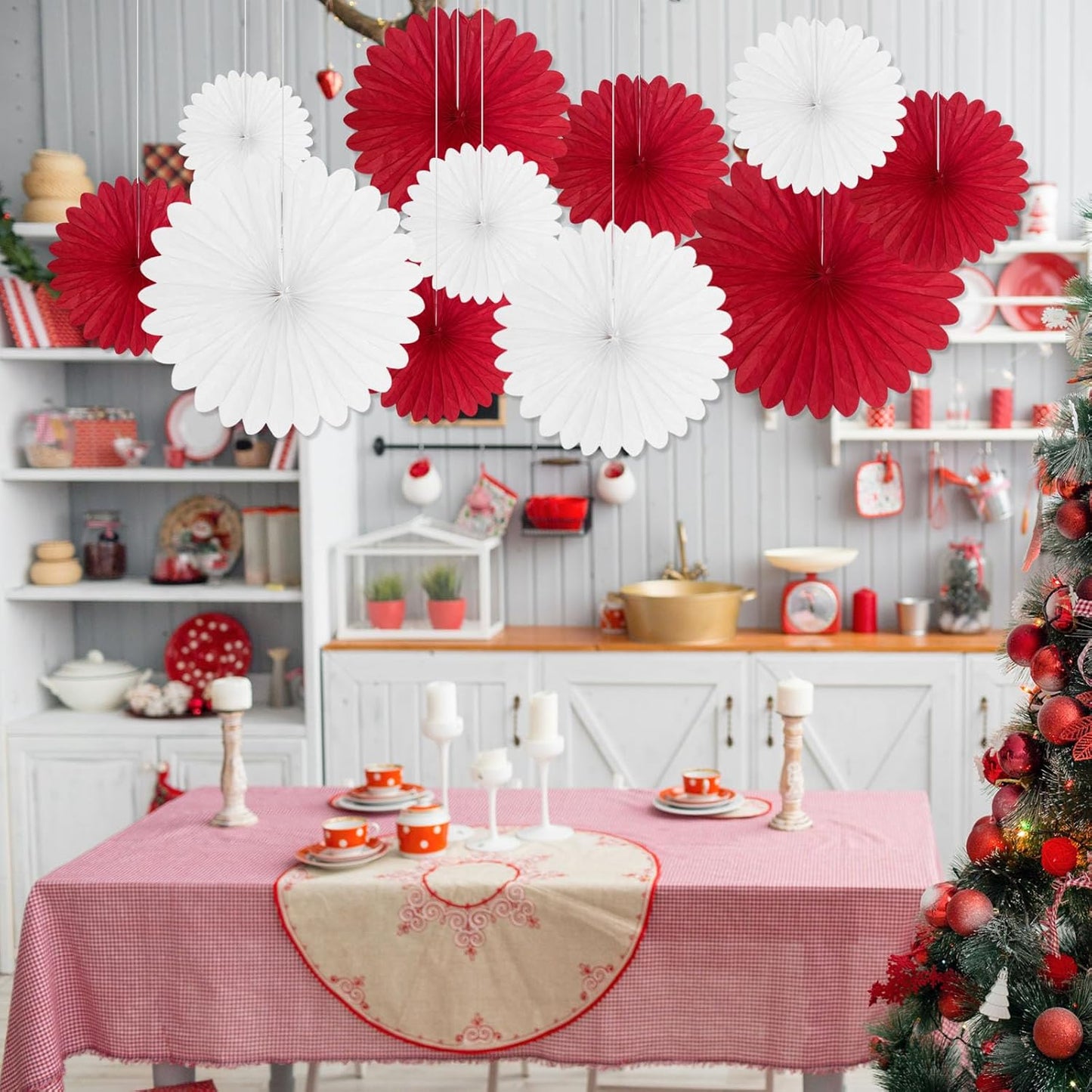 20 Pcs Red White Hanging Paper Fan, Hanging Honeycomb Round Paper Fans for Weddings, Birthdays, Christmas, Baby Showers, Classroom, Events Ceiling Party Supplies Decorations