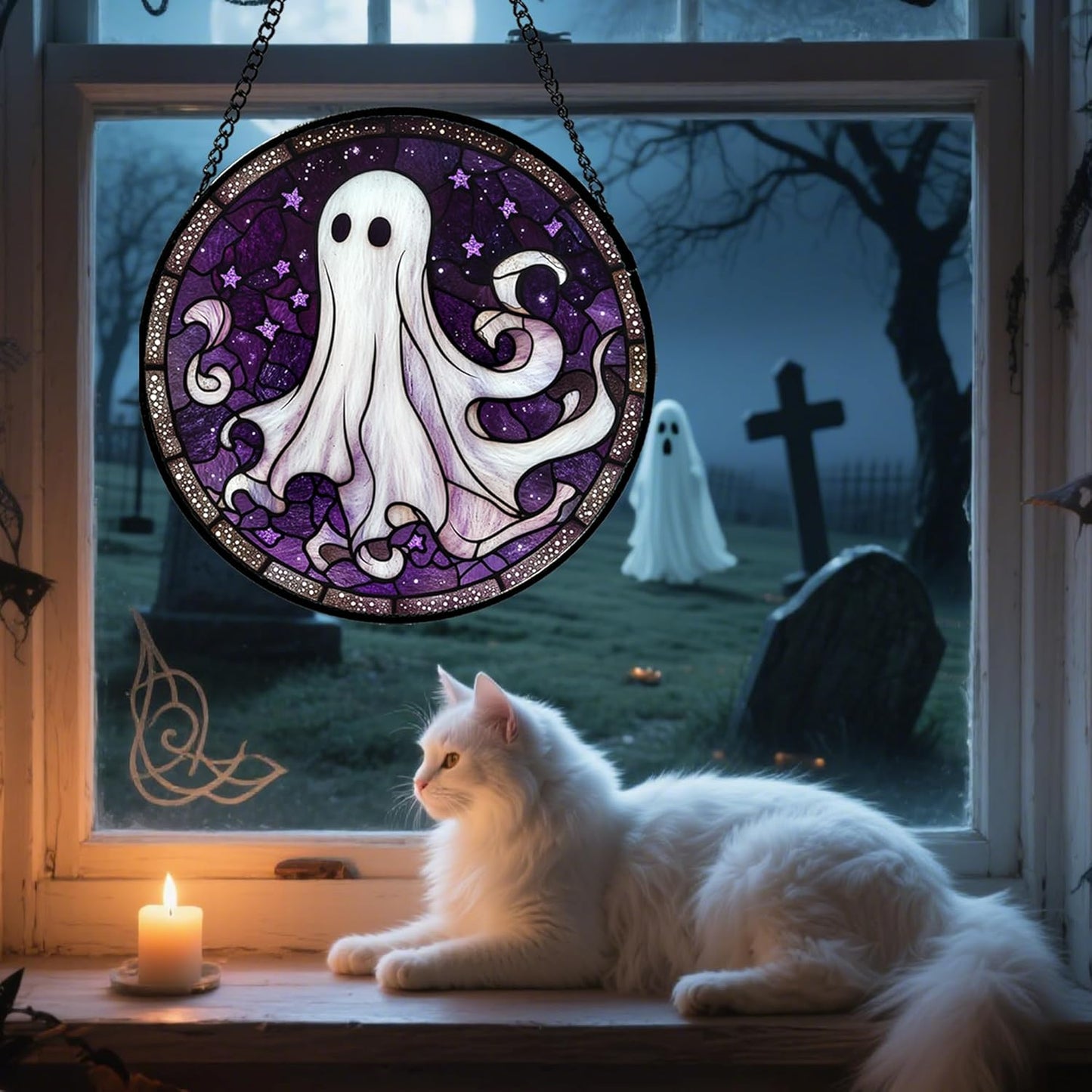 Stained Glass Window Hanging - Halloween Decorations White Ghost Purple Stars Suncatcher for Doors Garden Spooky Funny Sun Catchers Gothic Decor Horror Gifts for Women Men Friend 15 in