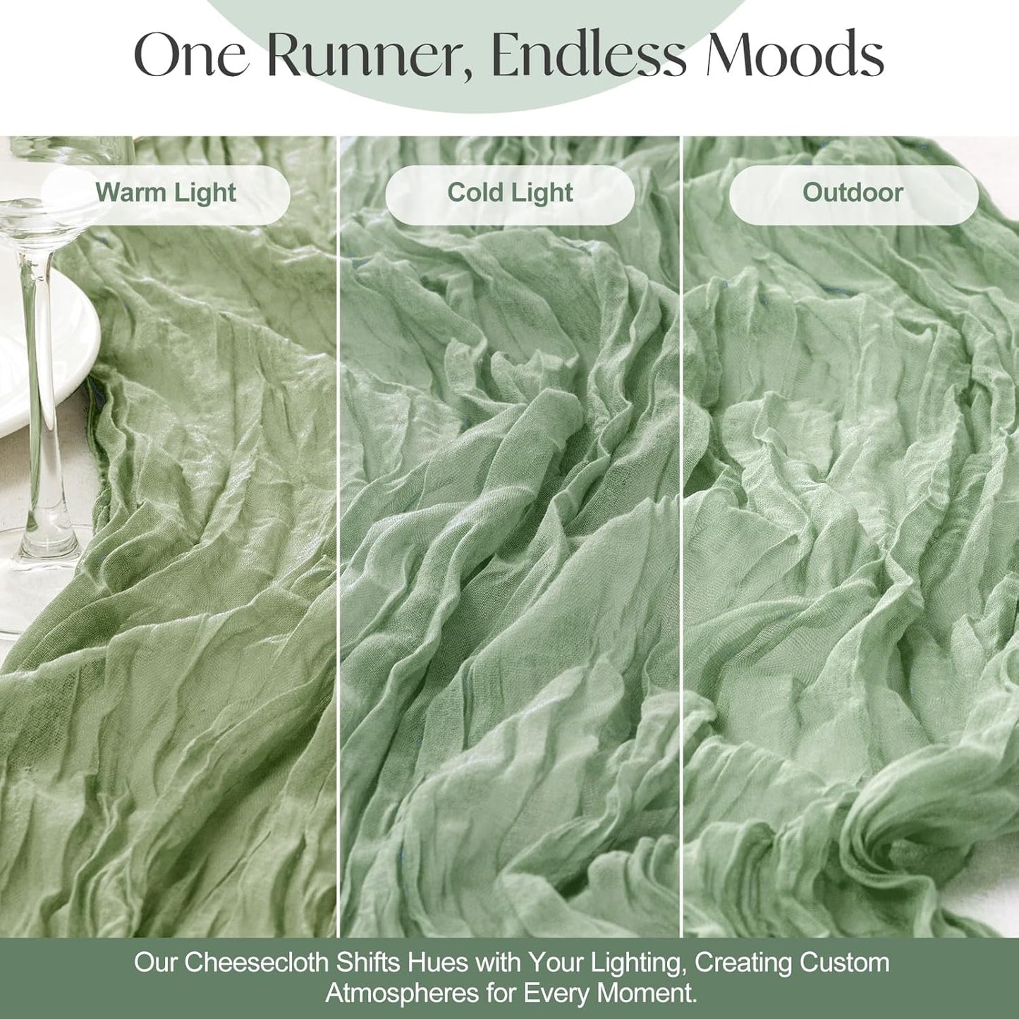 2 Pcs Sage Green Cheesecloth Table Runner - 120 inch 10FT Boho Rustic Gauze Cheese Cloth Table Runner Decor for Spring Summer Party Wedding Birthday Baby Bridal Shower Home