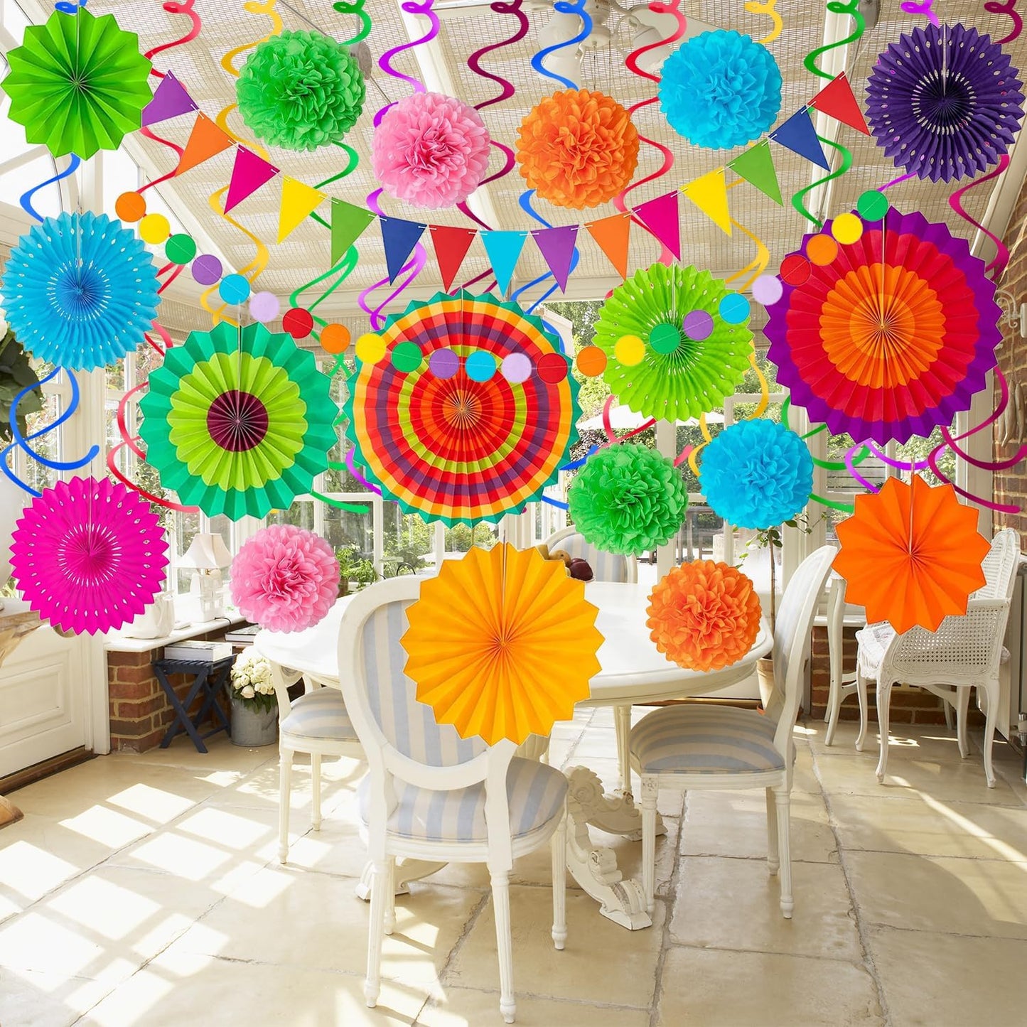 32Pcs Cinco De Mayo Decorations Fiesta Party Decorations Multi-Color Paper Fans Garlands Pennant Pom Poms Hanging Swirls For Birthday Wedding Rainbow Mexican Party