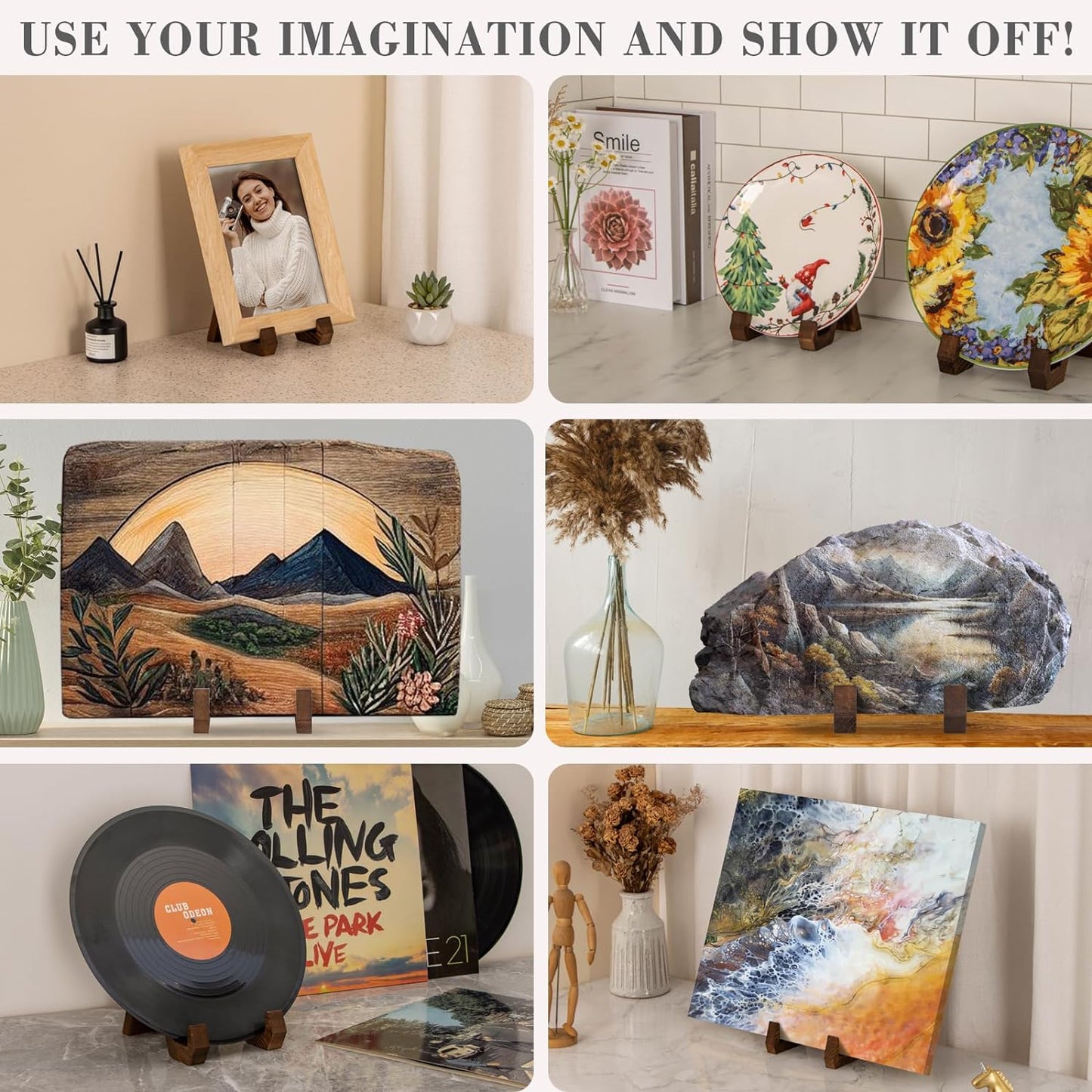 Plate Display Stand, 6 Inch Plate Holder for Displaying, Decorative Picture Frame Dish Photo Plaque Platter Wood Stand