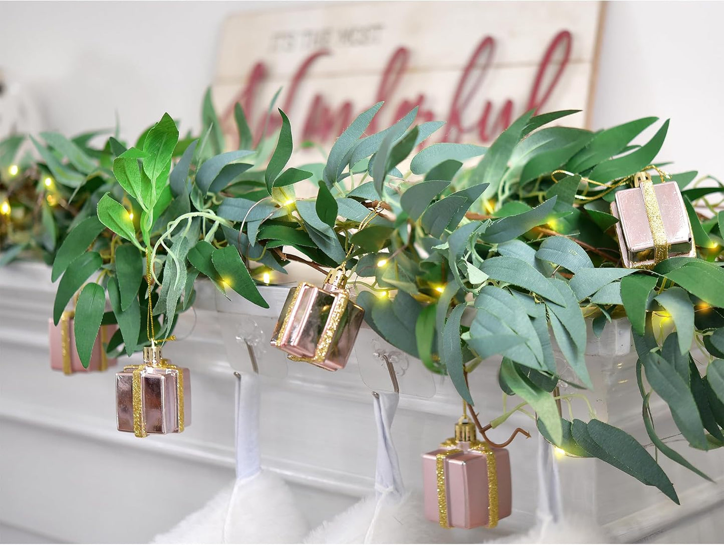 Artificial Willow Garland with USB Fairy String Lights & Pink Gift Box Ornaments – 2-Pack Lighted Greenery Vine, with Remote for Mantels, Weddings, Fireplace, Holidays, Parties & Everyday Home Decor