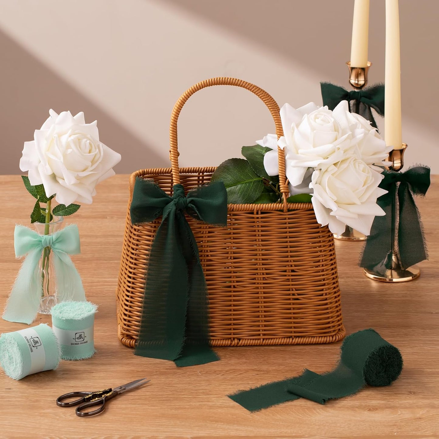 DORIS HOME 2" x21Yd Chiffon Ribbon for Flower Bouquet, Green Series Fabric Ribbon for Gift Wrapping, Handmade Frayed Ribbon for Wedding/Christmas Decorations