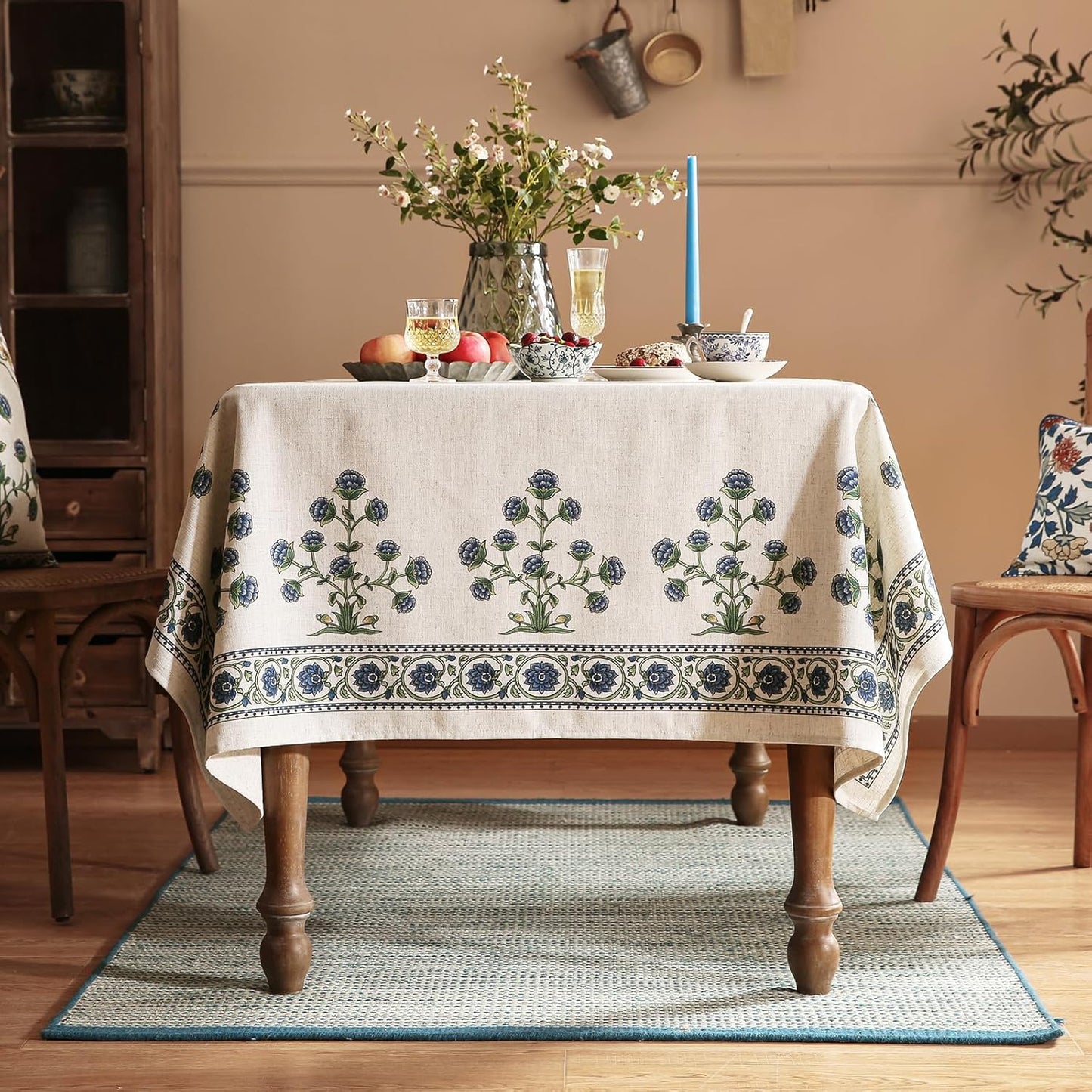 patdrea Designer Linen Vintage Blue Rectangle Tablecloth,Leaves Pattern Durable Floral Table Cloth,French Table Cover Cloth Decor for Kitchen Dining,Christmas,Thanksgiving,Party,63"x87"-Ivar B