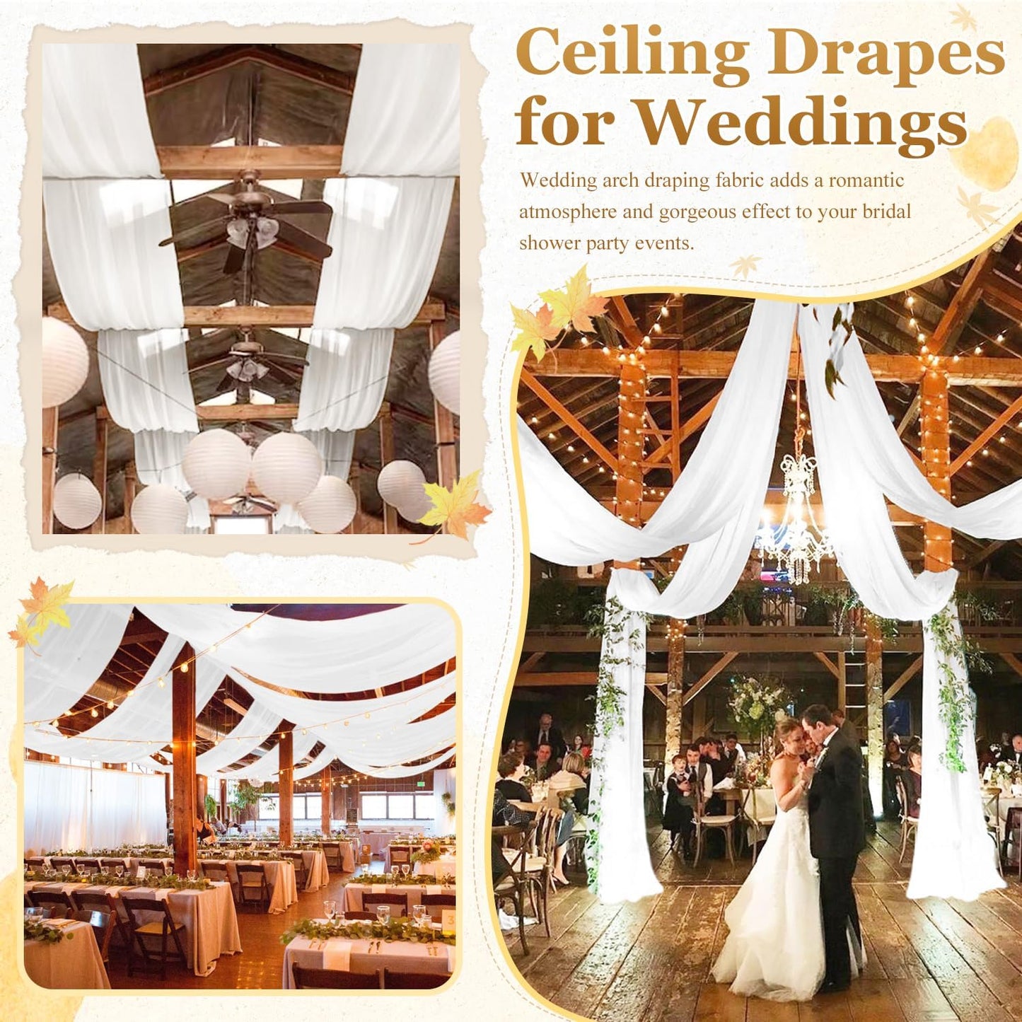 MODFUNS Ceiling Drapes for Parties White Sheer Chiffon Curtains 5x30FT 6 Panels Wedding Arch Drapes Fabric Sheers Arbor Drapery Tulle Ceiling Covering Fabric for Ceremony Stage Arbor Ornament