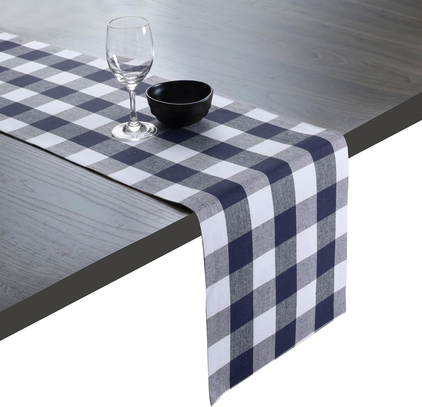 Native Fab Table Runner Buffalo Check Plaid 100% Cotton - 13x90 Inches Kitchen Dining Table Decoration for Indoor Farmhouse Home Decor - Navy Blue and White