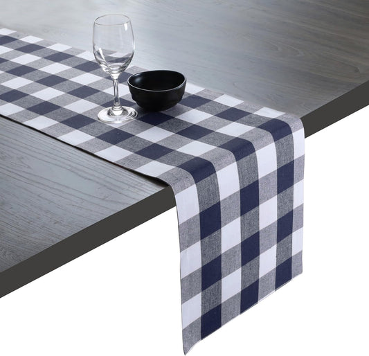 Native Fab Table Runner Buffalo Check Plaid 100% Cotton - 13x90 Inches Kitchen Dining Table Decoration for Indoor Farmhouse Home Decor - Navy Blue and White