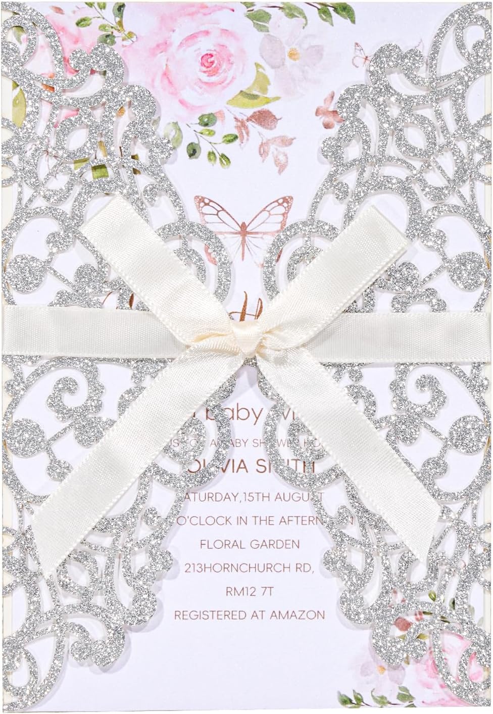 50Pcs Sliver Glitter Wedding Invitations with Envelopes and Rsvp Cards Ribbons Laser Cut Invitation Blank Inner Sheet Pearl Paper Tarjetas de Invitación Para Boda XV Anos Quinceañera Wedding Invite