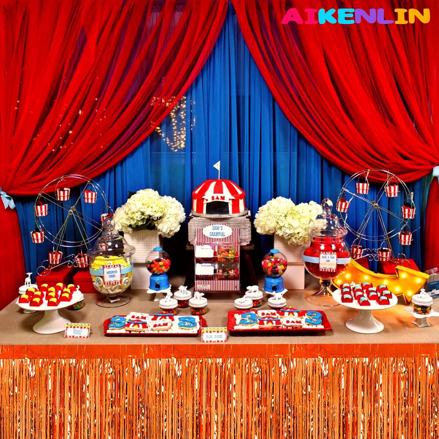 6 Pack 29x108 Inch Orange Metallic Foil Fringe Tinsel Table Skirts Banner for Rectangle Tables Streamer Garland Curtains Backdrop for Wedding, Birthday, Parade Floats, Christmas Party Decoration