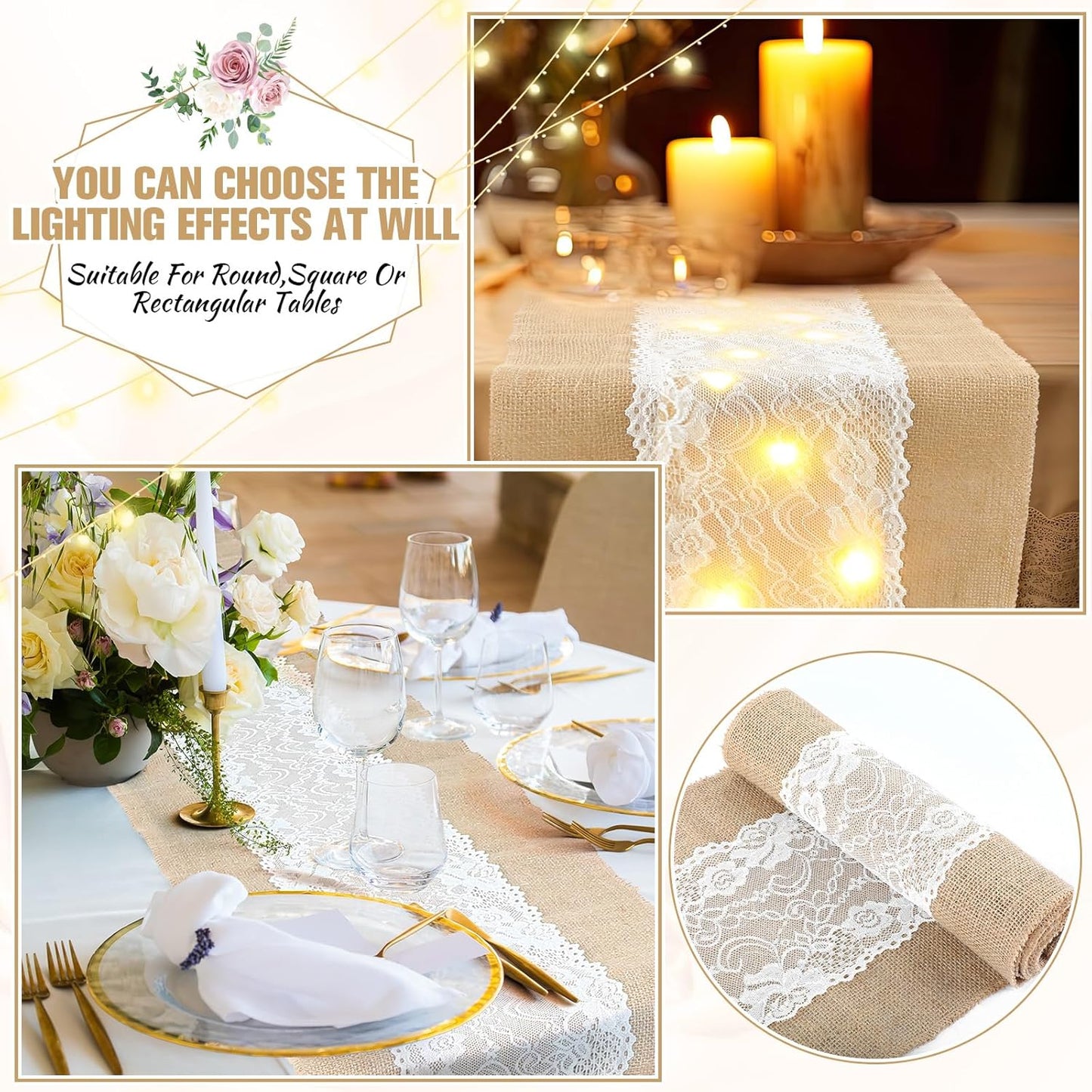 Xinnun 6 Pack Burlap Table Runner with LED String Lights, Modern Rustic Lace Natural Vintage Boho Jute Wedding Table Decor for Farmhouse Thanksgiving Christmas(Thanksgiving Harvest Style,12x70 Inches)