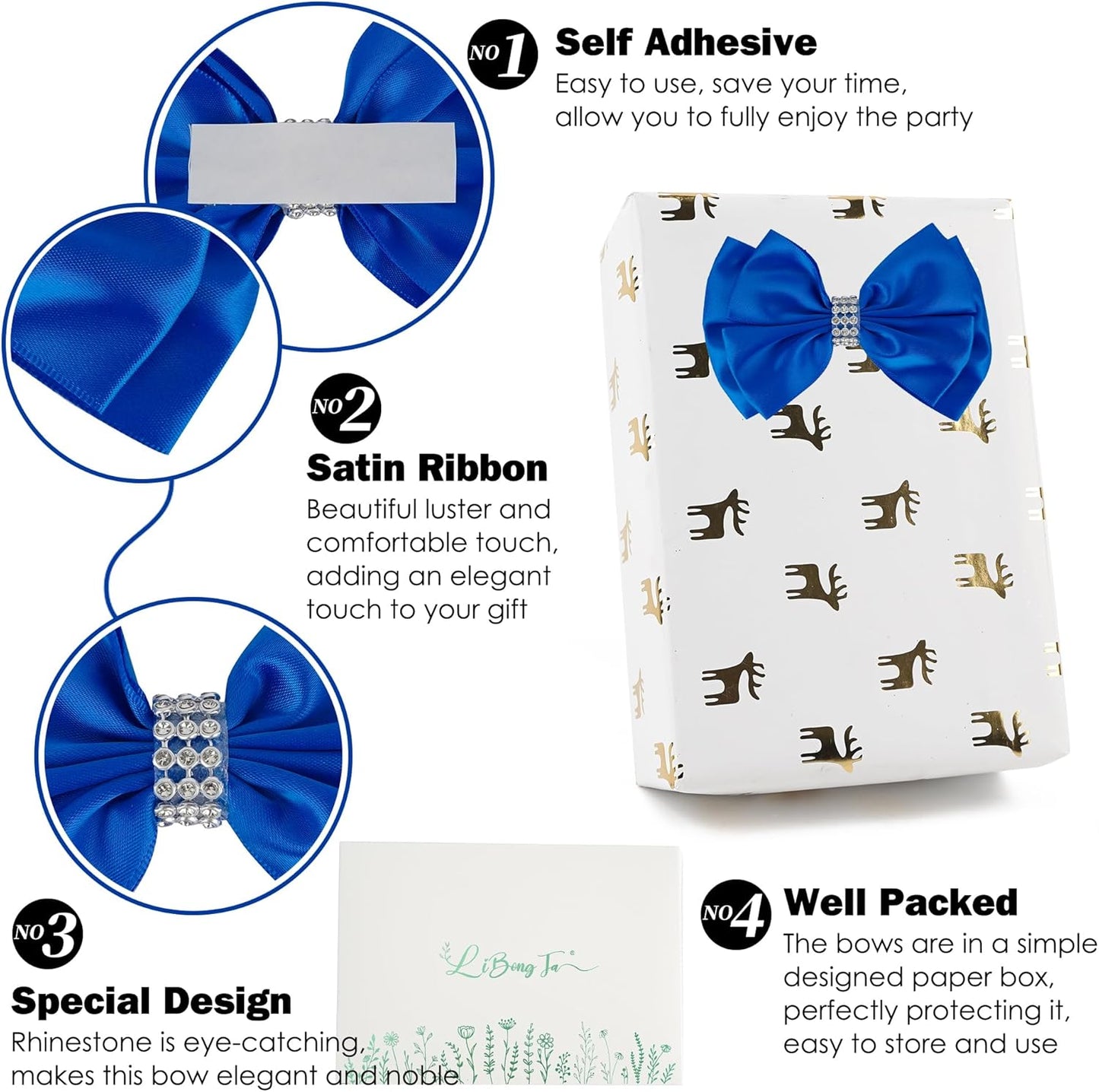 Royal Satin Bows 4'' Premade Blue Ribbon Bow, Gift Bows with Rhinestone, Wrapping Bows for Presents, Greeting Cards, Treat Bags, Wine Bottles, Valentines Bows for Gift Wrapping-12 Counts