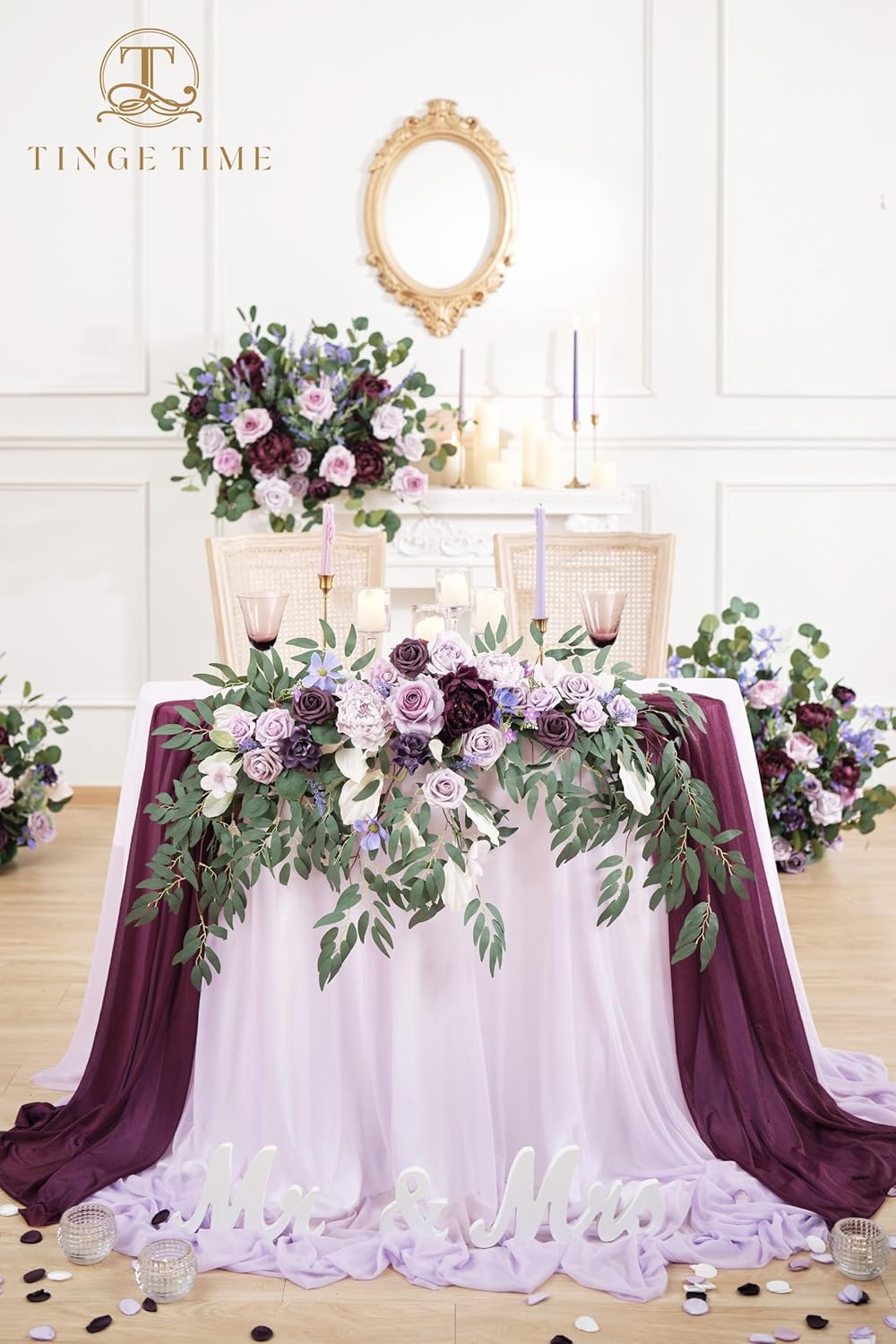 TINGE TIME Artificial Sweetheart Flower Swag with Tablecloth and Table Runner, Pack of 3 Floral Arrangement for Wedding Sweetheart Table Centerpiece Decoration (Lavender & Plum)