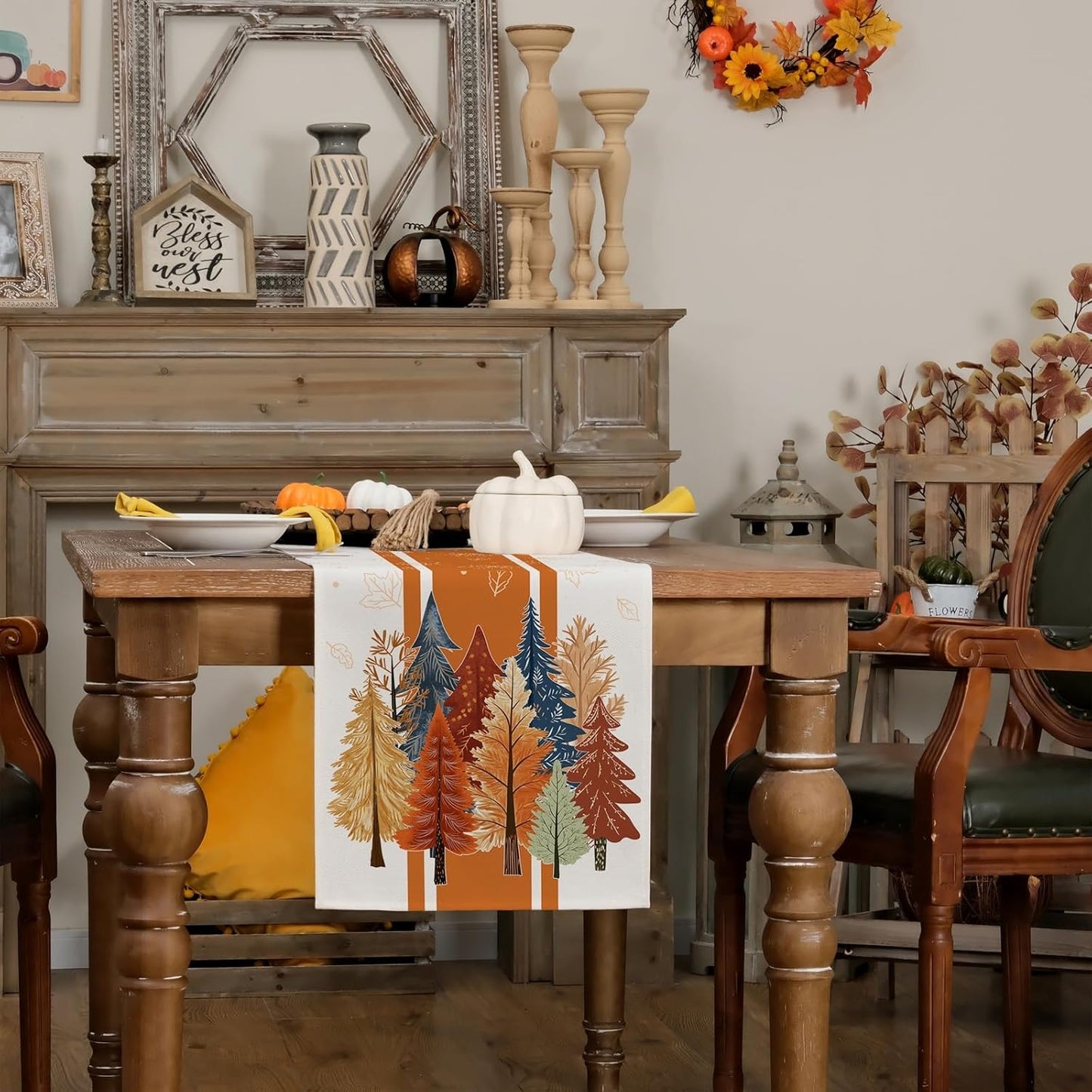 GEEORY Fall Watercolor Trees & Maple Leaves Striped Table Runner 13x120 Inch, Rustic Farmhouse Autumn Thanksgiving Decor for Kitchen, Dining, Indoor/Outdoor Holiday Dinner Party Orange GT157-120