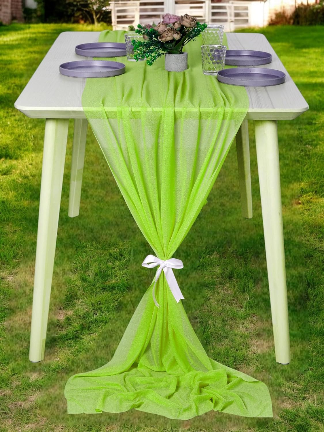 MDS 5 Pack 10ft Chiffon Table Runner 29 x 120 Inches Sheer Wedding Runner Romantic Rustic Table Runner for Wedding Decorations, Birthday Parties, Bridal Shower Party Arch Decor - Parrot Green