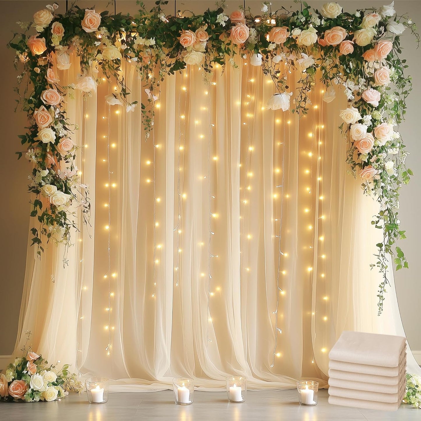 Fomcet Tulle Backdrop Curtains Champagne 30FT X 8FT Tulle Curtains with Lights String Sheer Backdrop Curtain for Parties Wedding Baby Shower Photo Shoot Decorations (6 Panels 5 x 8FT)