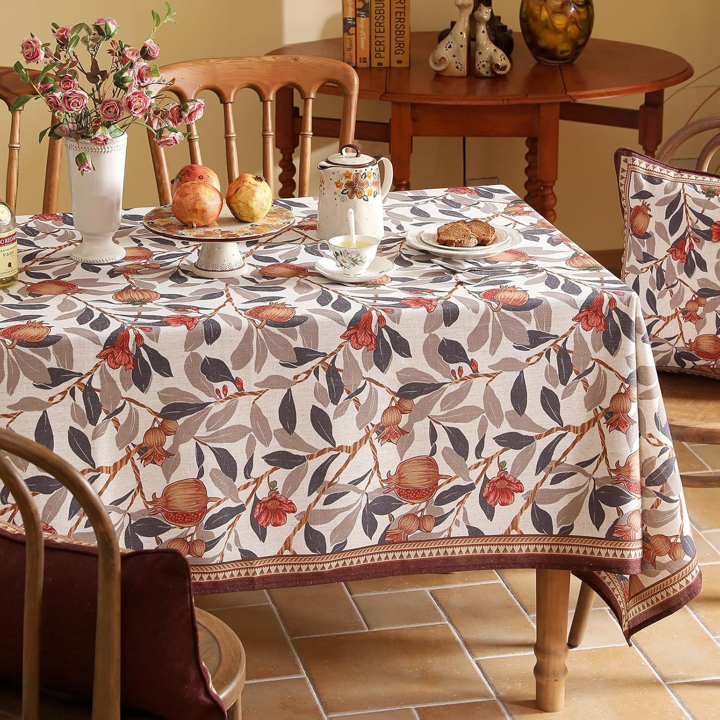 patdrea Designer Vintage Rectangle Tablecloth,Linen Pomegranates and Leaves Pattern Tablecloths,Fall Table Cover Cloth Decor for Kitchen Dining Christmas,Thanksgiving,63"x87"-Tehran a
