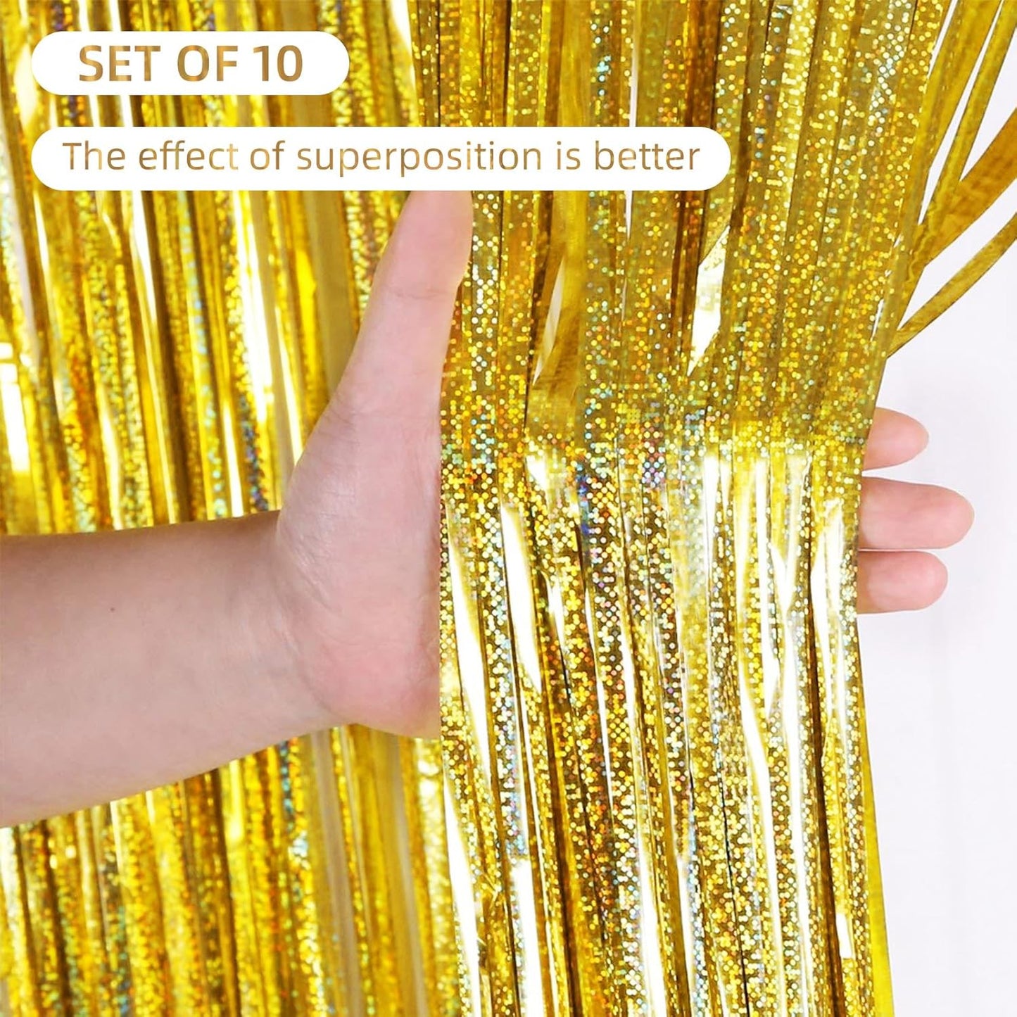 10 Pack Gold Backdrop Curtain 3.2ft x 8.2ft Metallic Tinsel Foil Fringe Curtains Photo Booth Background for Birthday Party Decoration Baby Shower Engagement Wedding Christmas Decoration (Gold)
