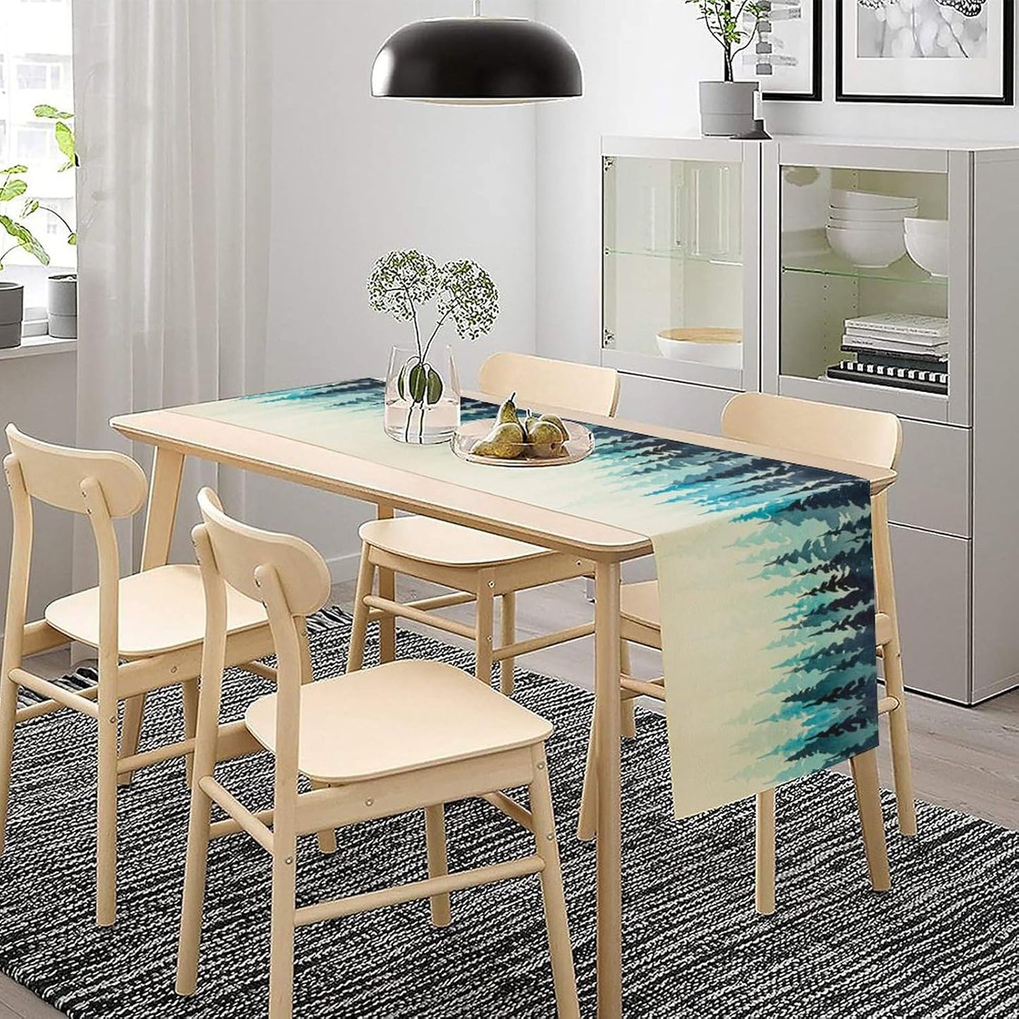 Misty Forest Table Runner,Foggy Blue Forest Landscape Table Runner for Kitchen Dining Table Home Party Decoration 13x90 Inch