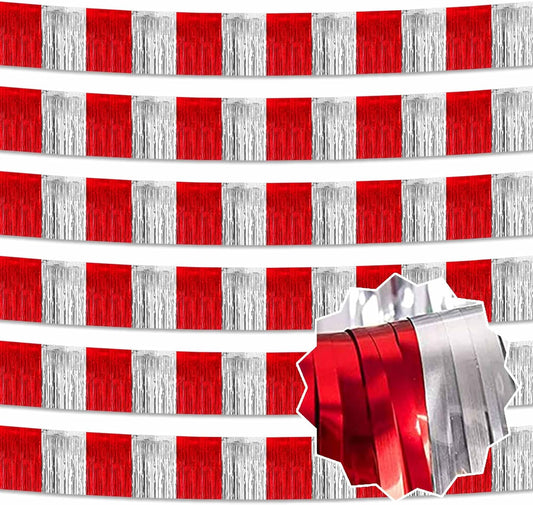 6 Pack 10 Feet Red and Silver Tinsel Foil Fringe Garland, Metallic Streamers Banner Wall Hanging Garland for Parade Floats, Graduation, Birthday, Baby Shower, Disco, Celebration Party Decoration