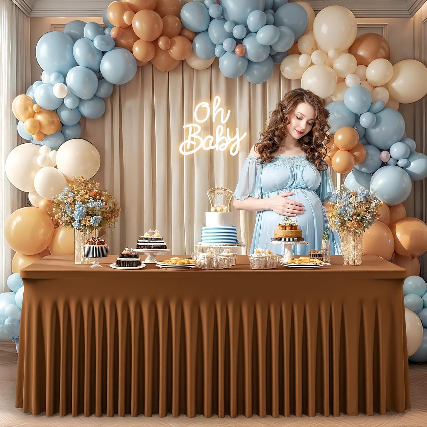 Wish Care 2 Pack Brown Spandex Table Clothes for 4 Foot Rectangle Tables, 4FT Wrinkle Free Fitted Tablecloths Ruffles Design Table Cover for Party, Banquet, Wedding and Events