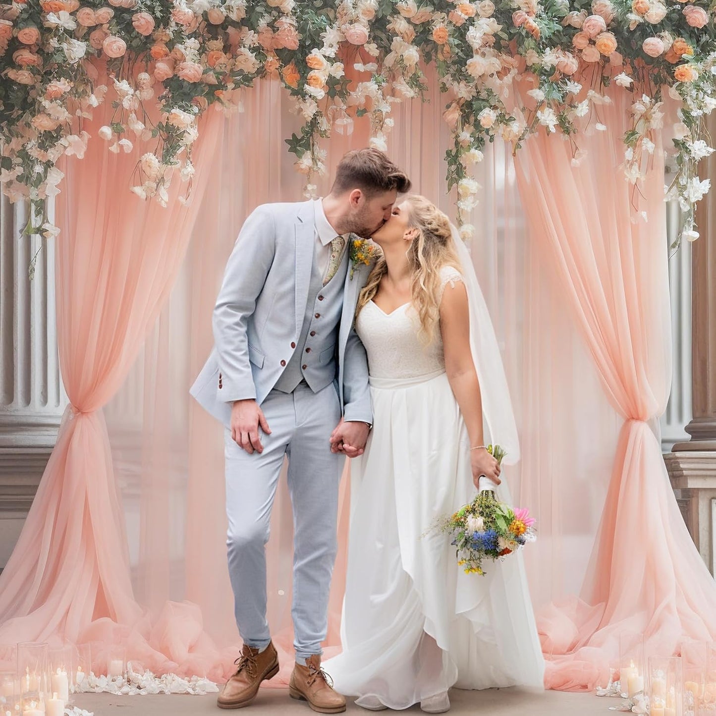 10x10ft Peach Tulle Backdrop Curtain for Parites, Sheer Backdrop Curtains for Wedding Baby Shower Birthday Party Photo Shoot Decorations