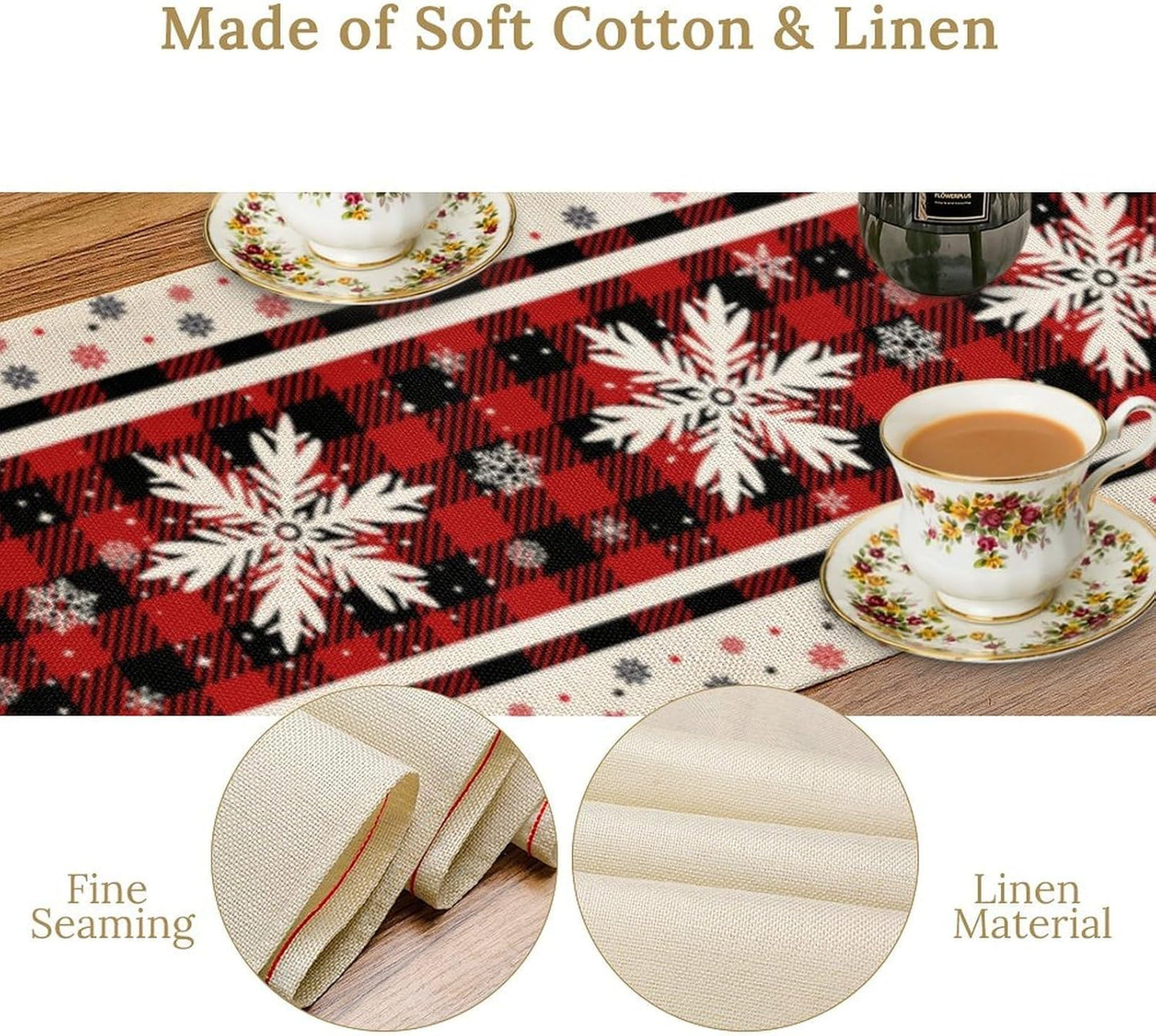 Snowflakes Christmas Table Runner,Red Buffalo Plaid Seasonal Winter Kitchen Dining Table Decoration for Home Party Decor 13x90 Inch