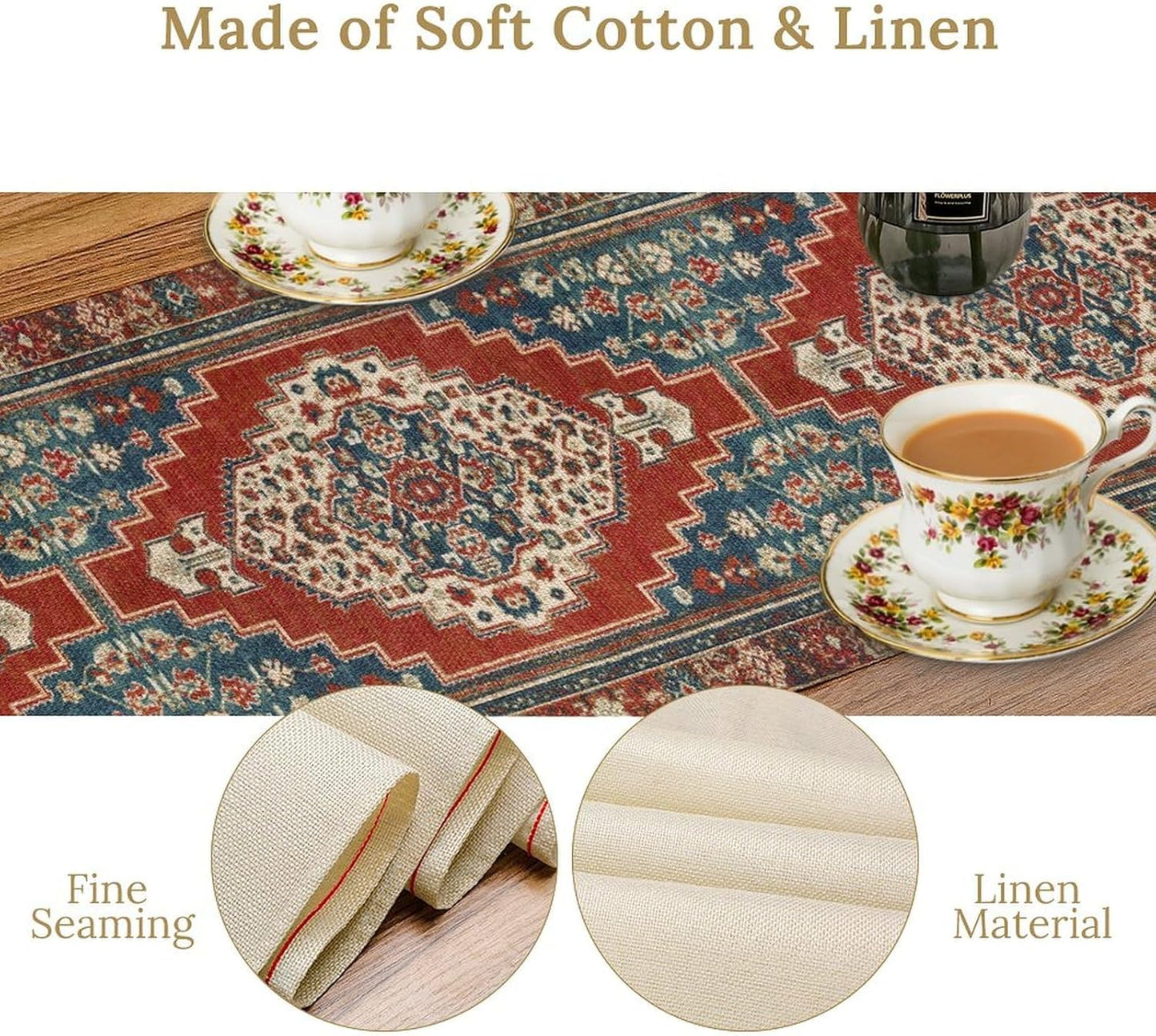 Boho Floral Vintage Table Runner, Red Blue Retro Flower Rustic Country Farmhouse Pattern for Home Kitchen Table Decor Dining Coffee Room Party Decor 13x72in